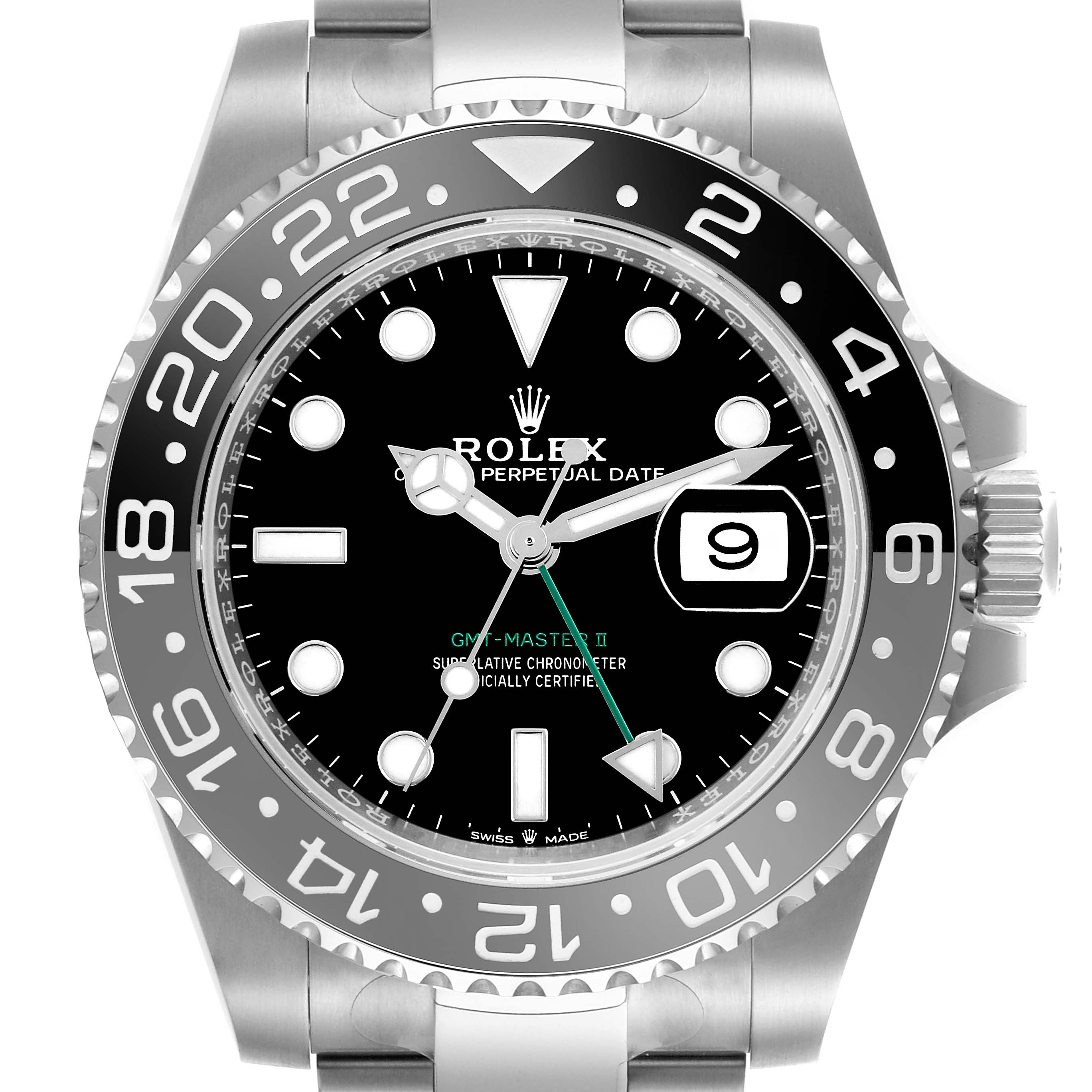 The Rolex GMT-Master 126710GRNR Men
s Stainless Steel Black Dial 126710GRNR Men
s Stainless Steel Black Dial II watch is shown from a front angle displaying the dial, bezel, and part of the bracelet.