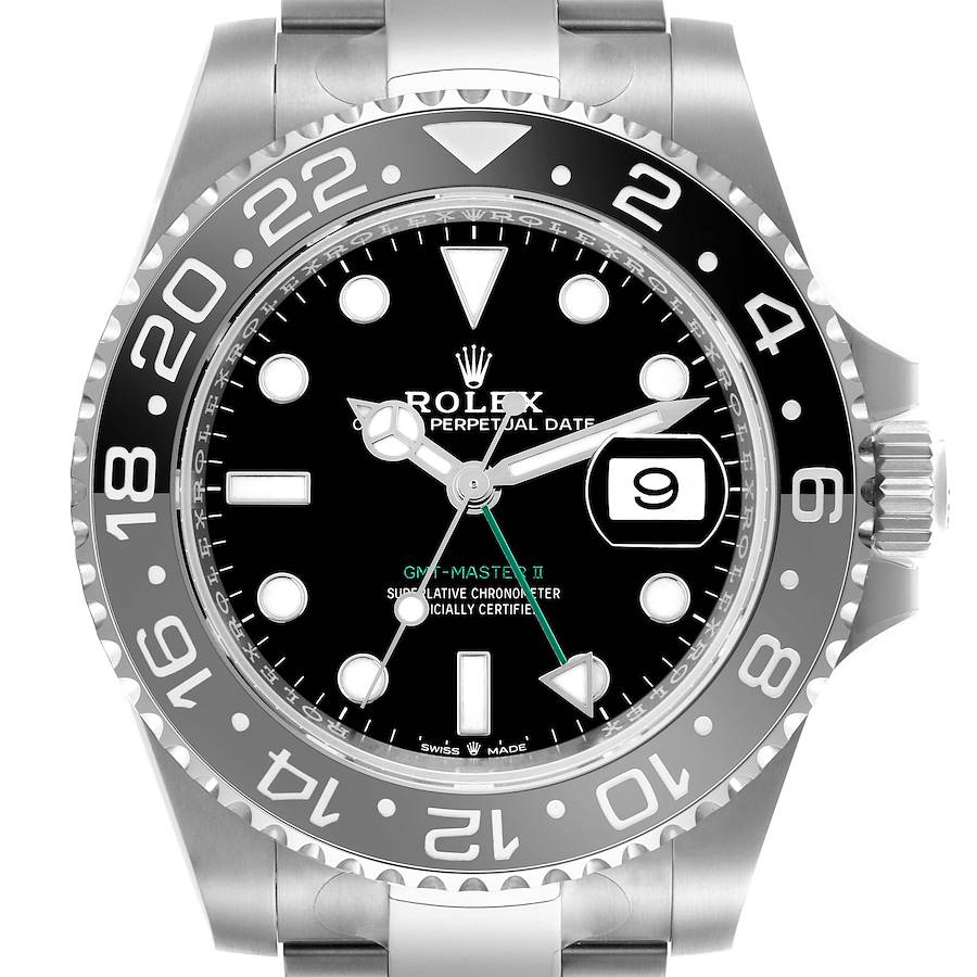 The Rolex GMT-Master II watch is shown from a front angle displaying the dial, bezel, and part of the bracelet.