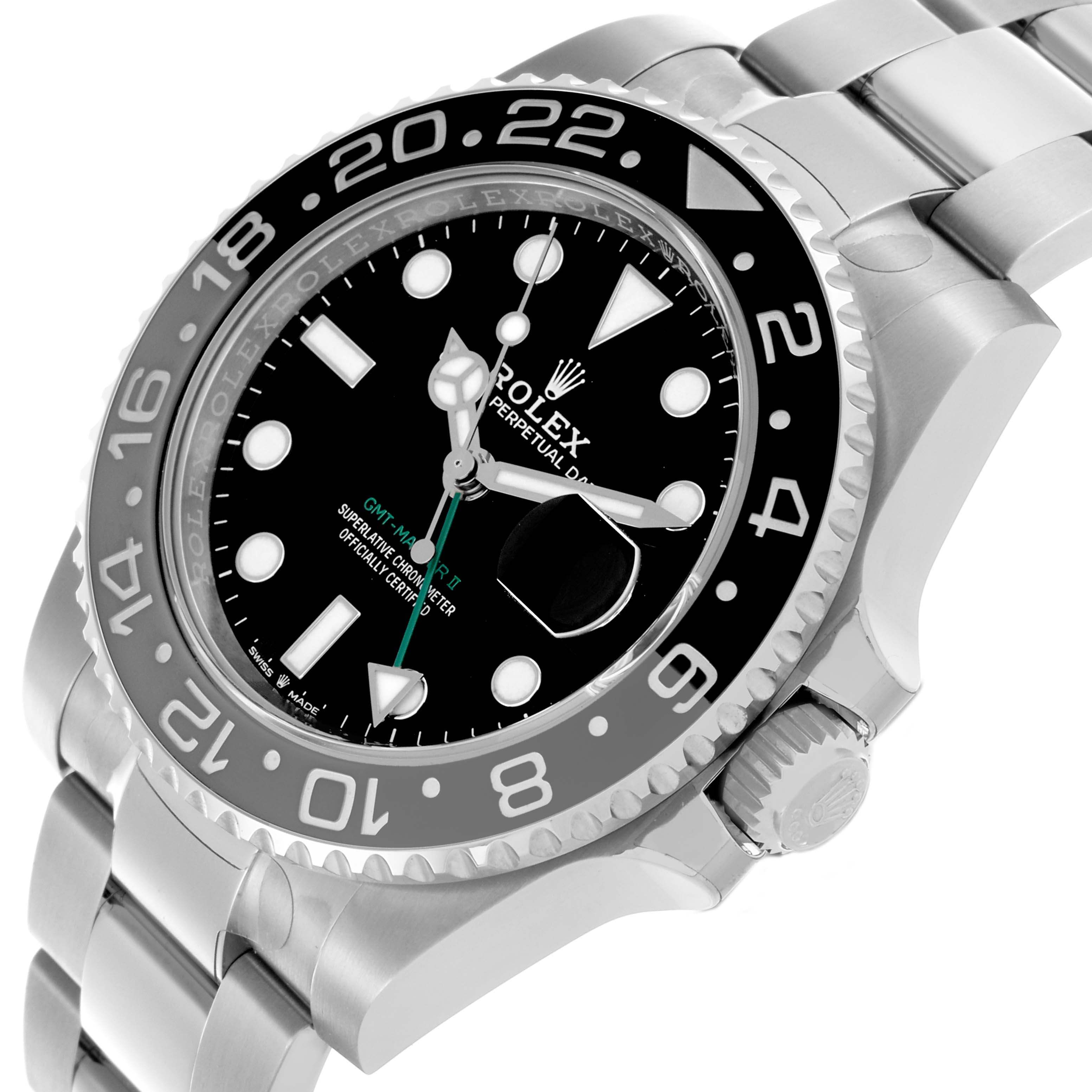 The Rolex GMT-Master 126710GRNR Men
s Stainless Steel Black Dial 126710GRNR Men
s Stainless Steel Black Dial watch is shown from a three-quarter angle, highlighting the bezel, crown, and part of the bracelet.