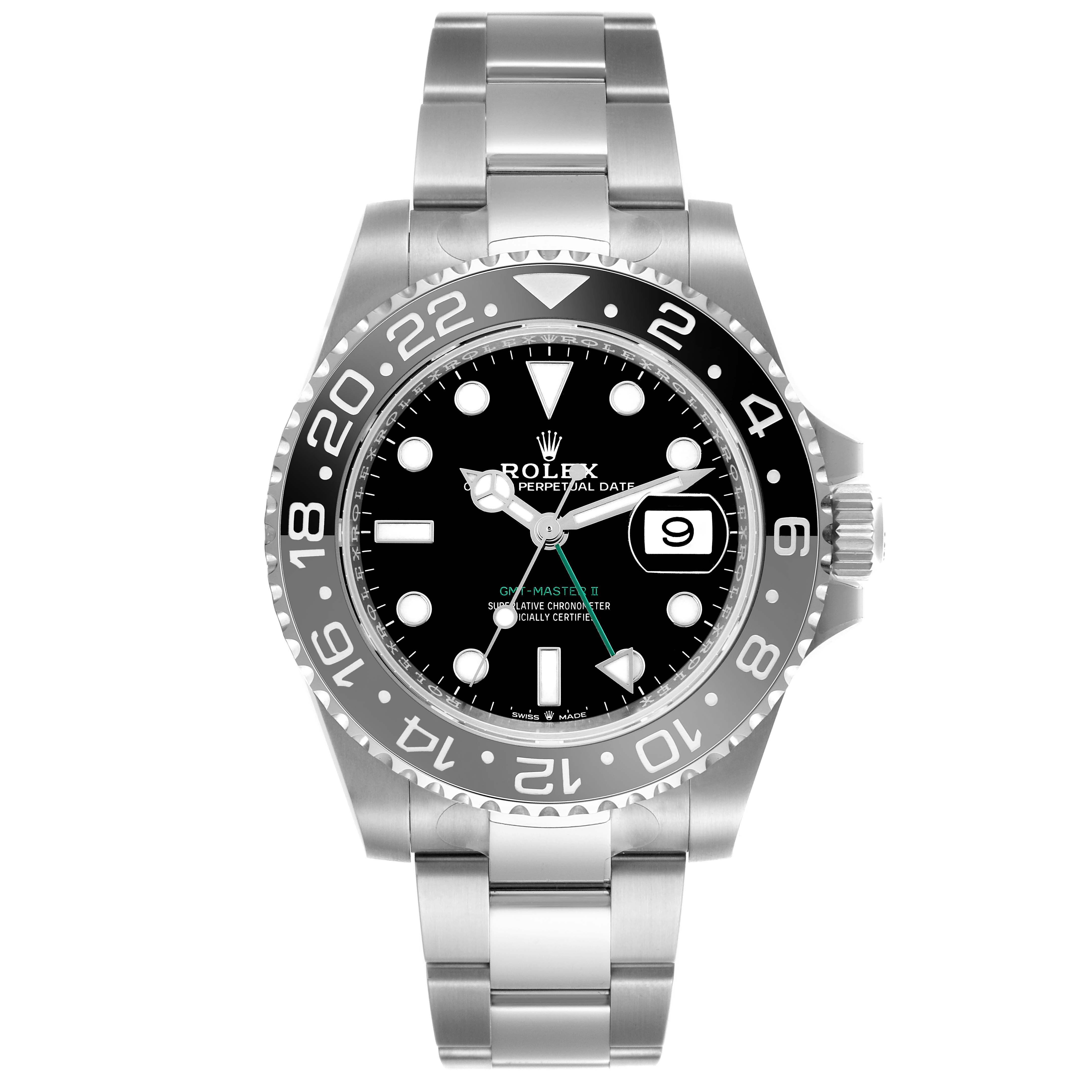 Front view of the Rolex GMT-Master 126710GRNR Men
s Stainless Steel Black Dial 126710GRNR Men
s Stainless Steel Black Dial watch, showing the face, bezel, and bracelet.