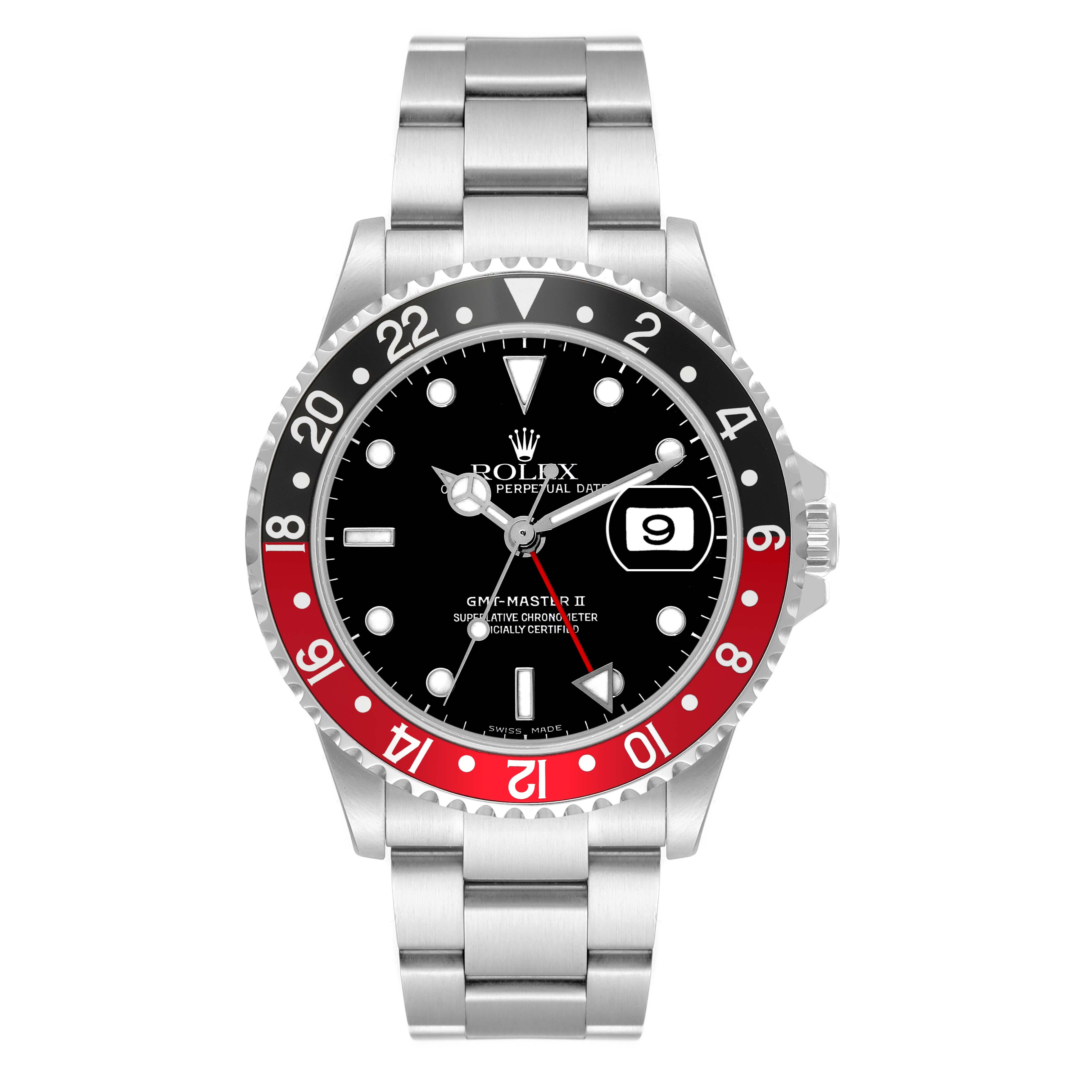 The image shows a front view of a Rolex GMT-Master 16710 Men
s Stainless Steel Black Dial 16710 Men
s Stainless Steel Black Dial II watch, highlighting the dial, bezel, and bracelet.