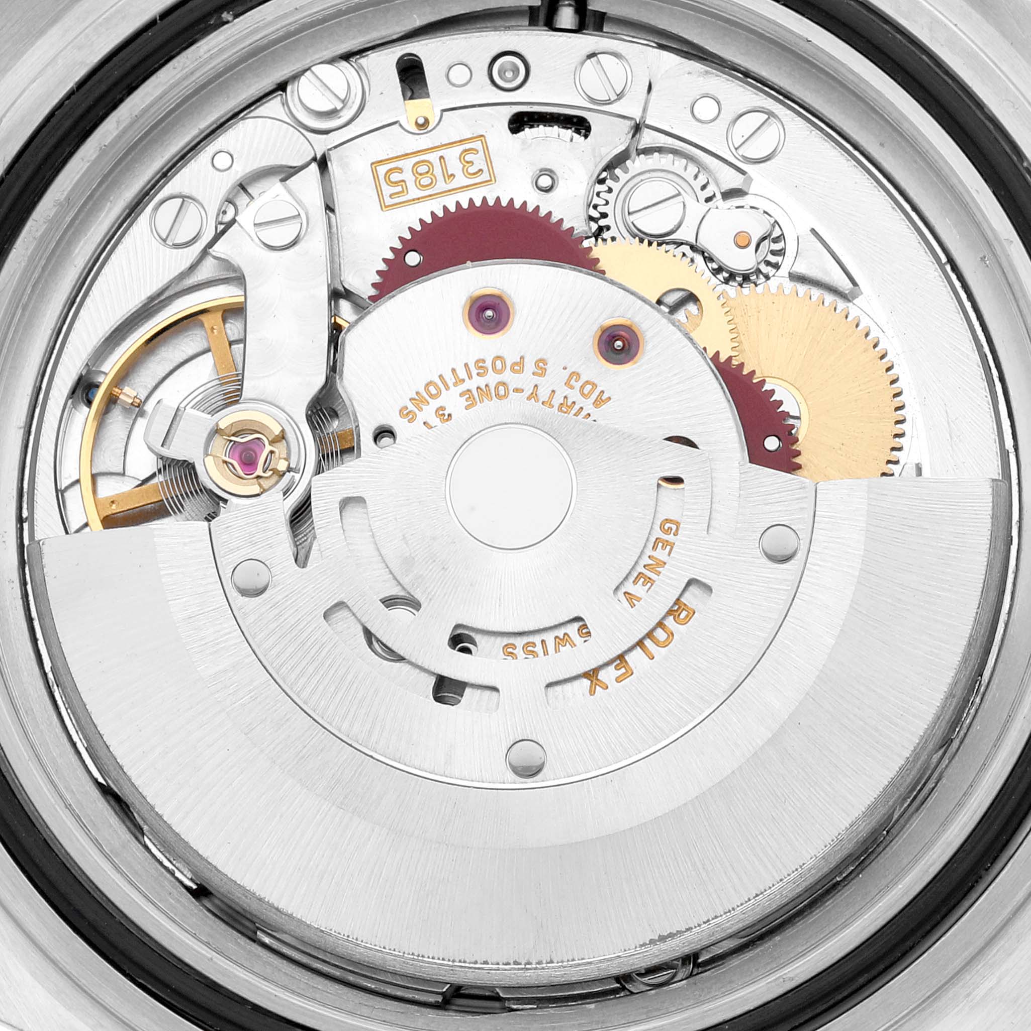 This image shows a close-up of the movement mechanism of a Rolex GMT-Master 16710 Men
s Stainless Steel Black Dial 16710 Men
s Stainless Steel Black Dial watch.