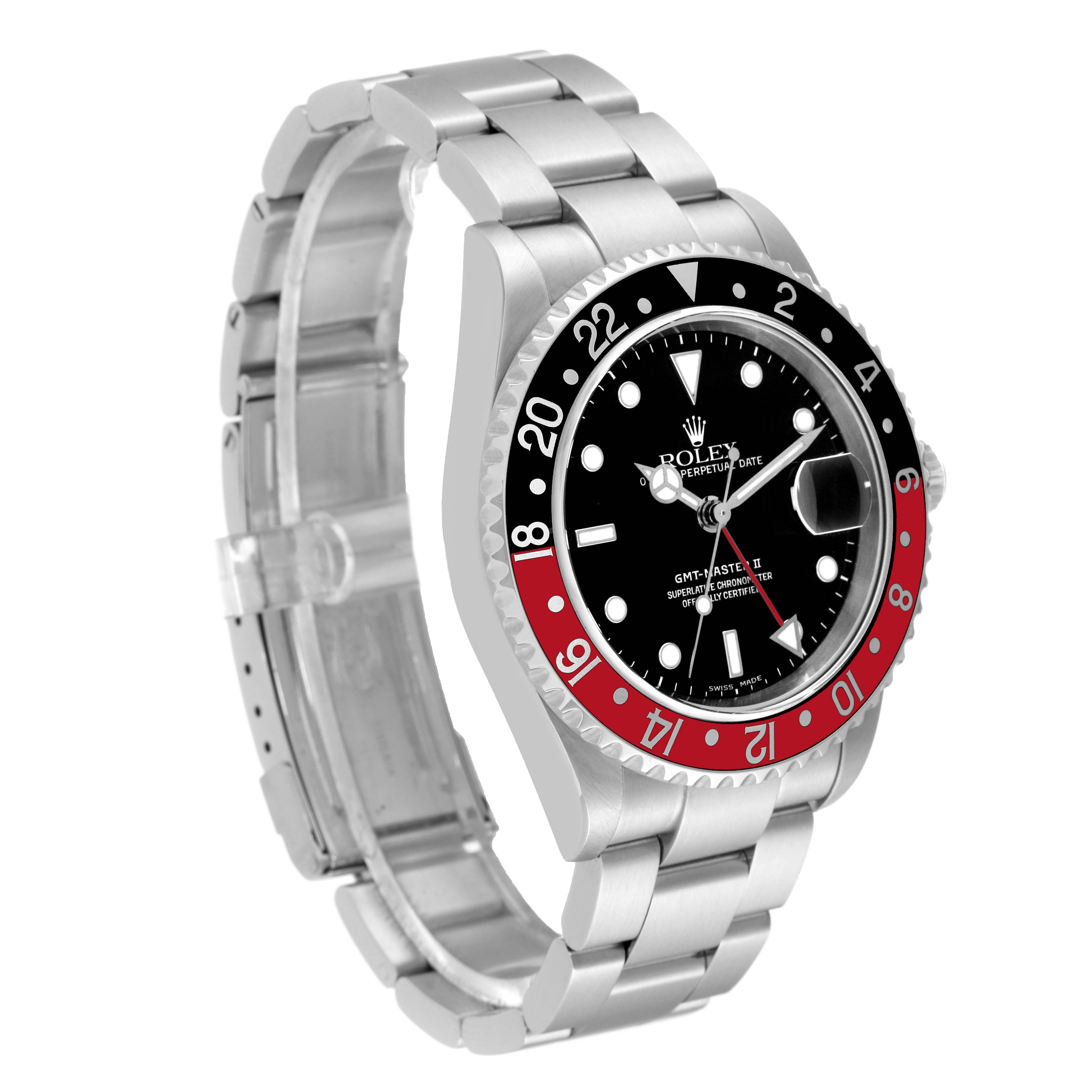 This is a photo of a Rolex GMT-Master 16710 Men
s Stainless Steel Black Dial 16710 Men
s Stainless Steel Black Dial watch, shown at a three-quarter angle highlighting its face, bezel, and bracelet.