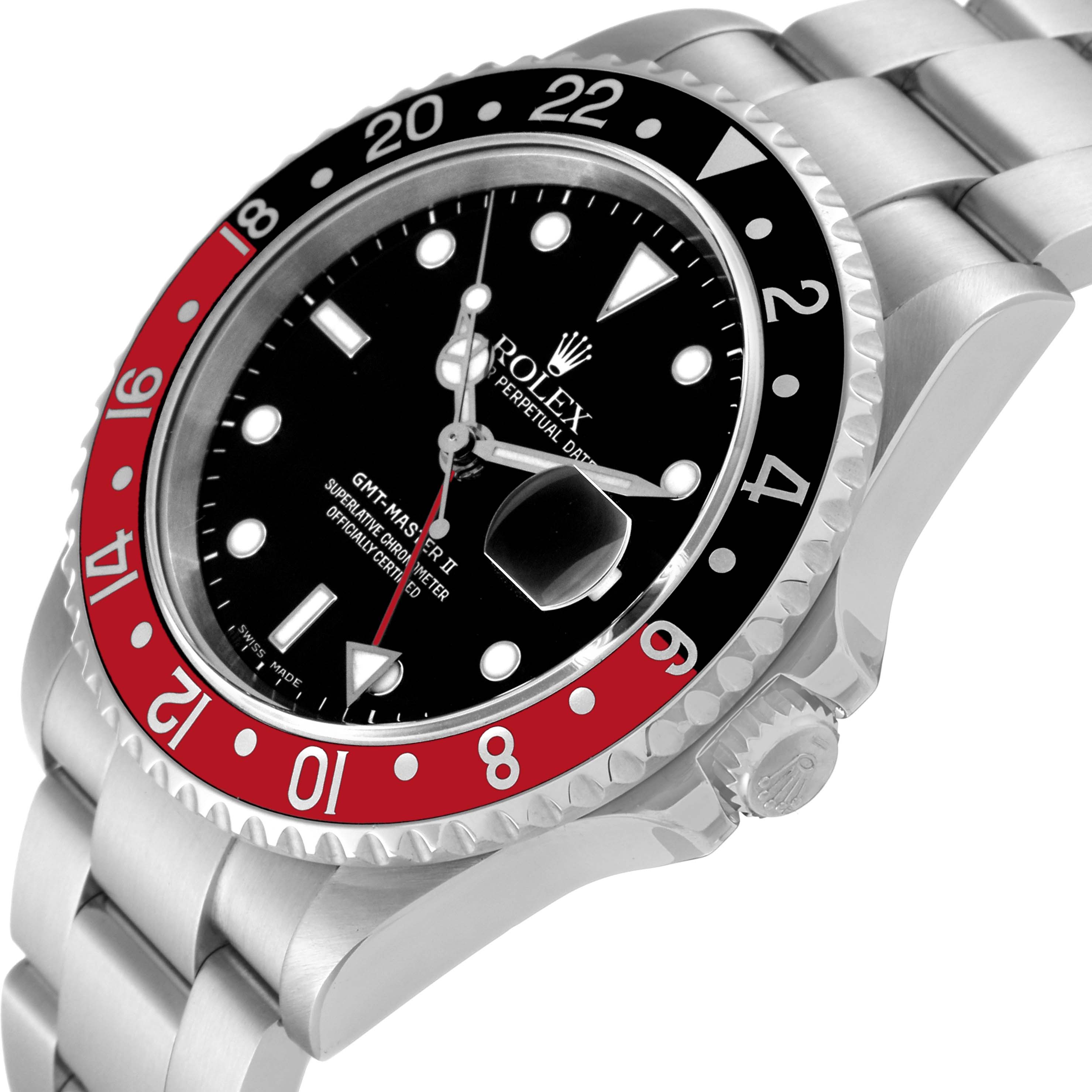 This image shows a close-up angle of the Rolex GMT-Master 16710 Men
s Stainless Steel Black Dial 16710 Men
s Stainless Steel Black Dial II, highlighting the bezel, dial, crown, and bracelet.