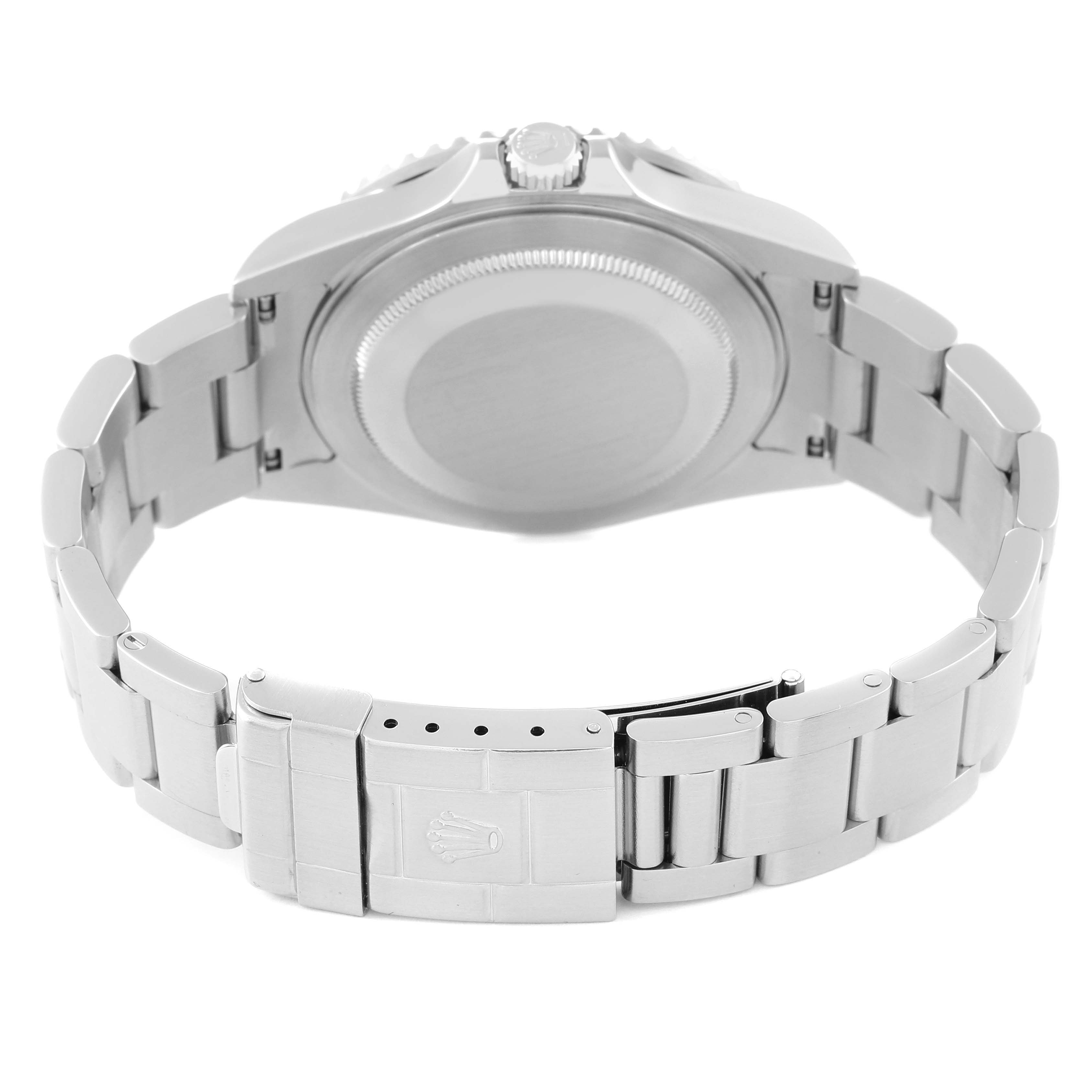 This image shows the back case, crown, and bracelet clasp of a Rolex GMT-Master 16710 Men
s Stainless Steel Black Dial 16710 Men
s Stainless Steel Black Dial watch from a rear angle.