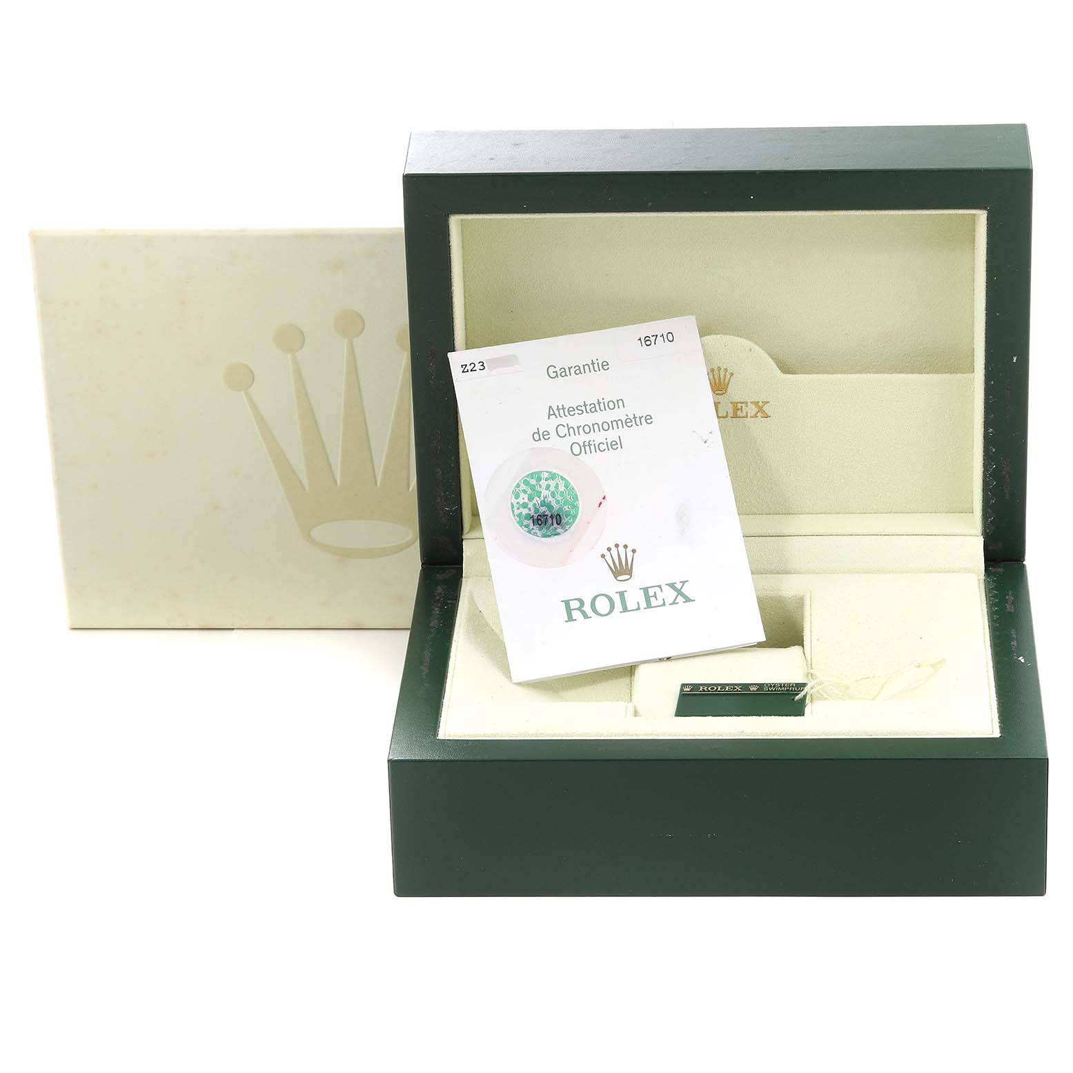 The image shows a top-down view of a Rolex GMT-Master 16710 Men's Stainless Steel Black Dial 16710 Men's Stainless Steel Black Dial watch box with a certificate and tag.