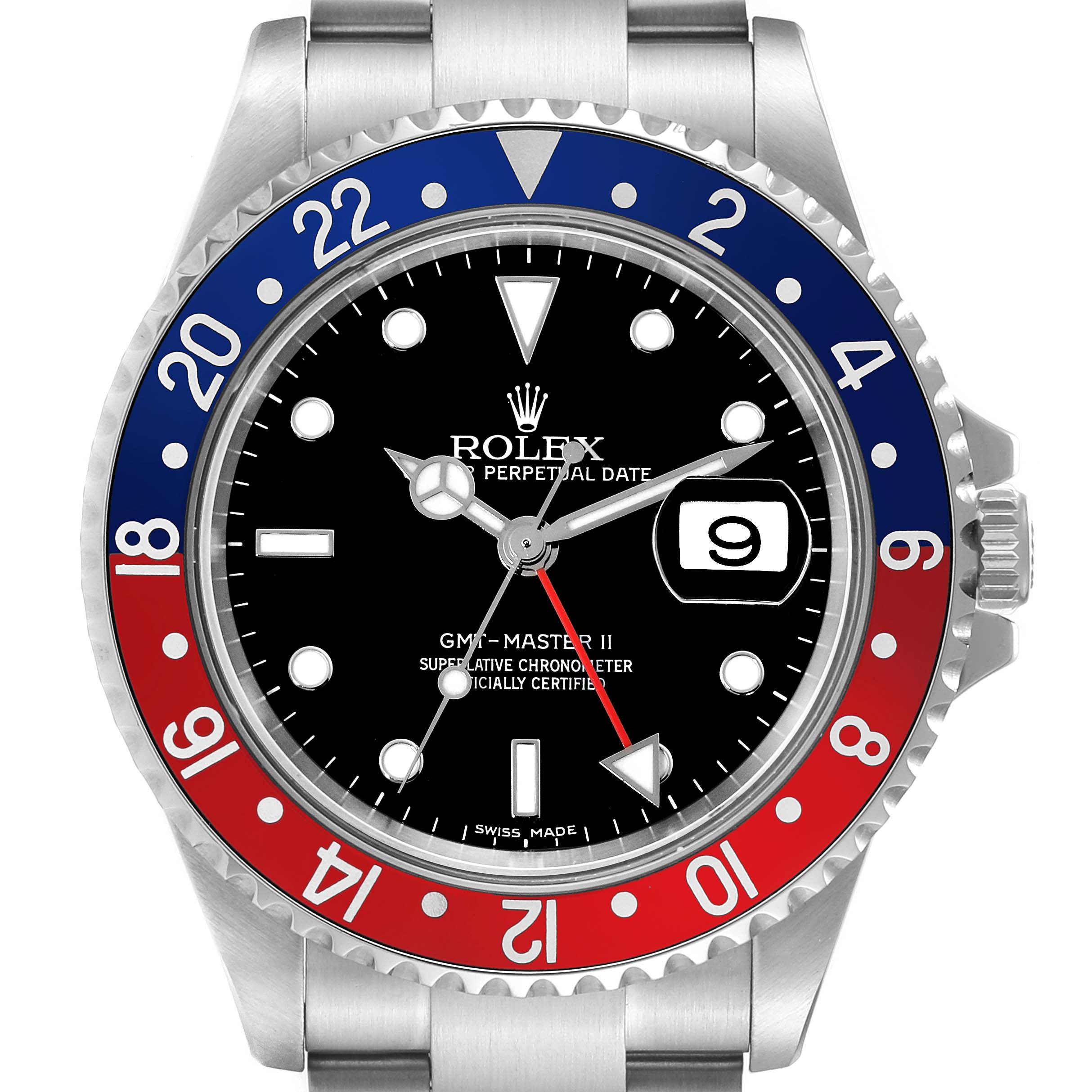 The image shows the front view of a Rolex GMT-Master 16710 Men's Stainless Steel Black Dial 16710 Men's Stainless Steel Black Dial II watch, featuring its dial, bezel, and part of the stainless steel bracelet.
