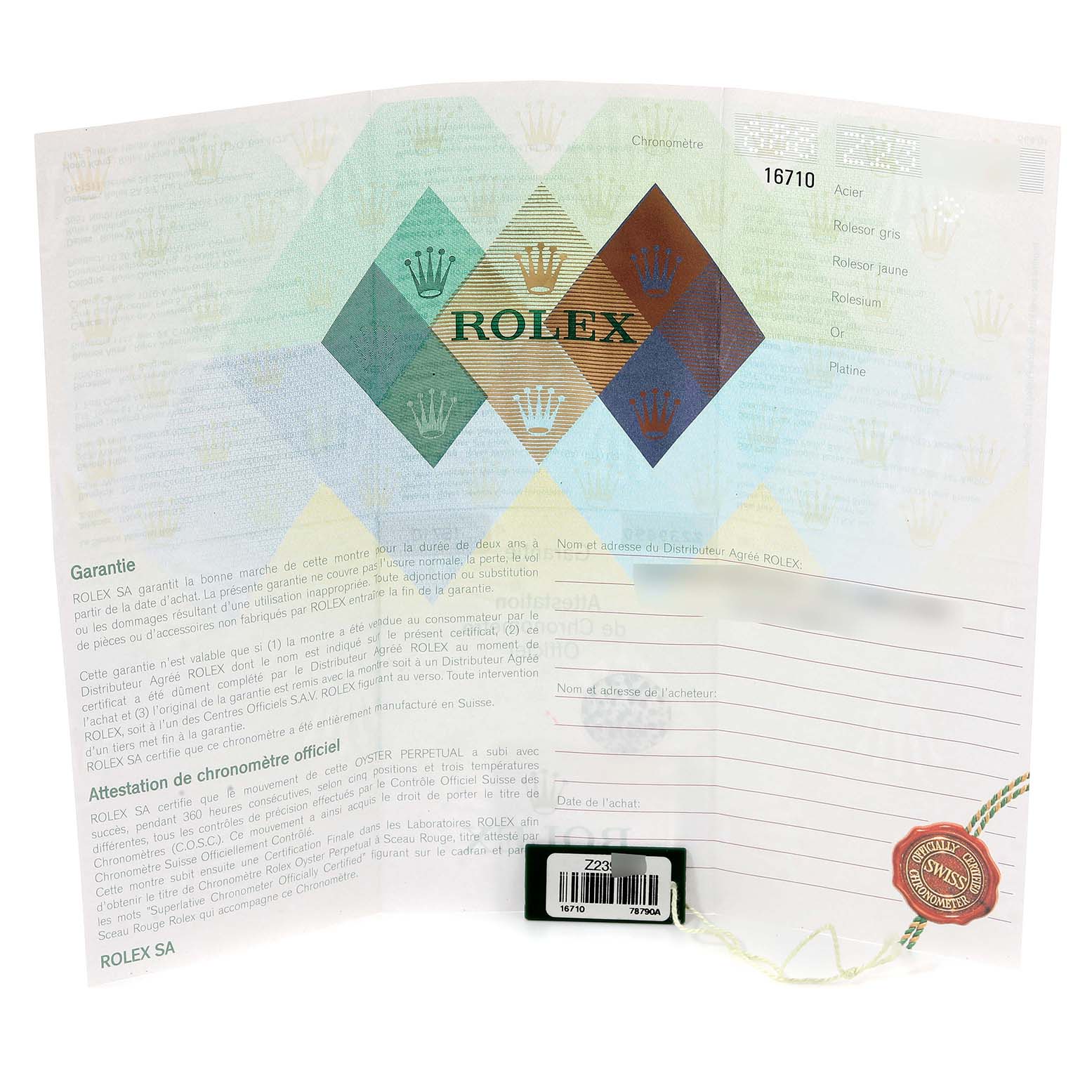 The image shows the warranty and certification papers for a Rolex GMT-Master 16710 Men's Stainless Steel Black Dial 16710 Men's Stainless Steel Black Dial watch model.