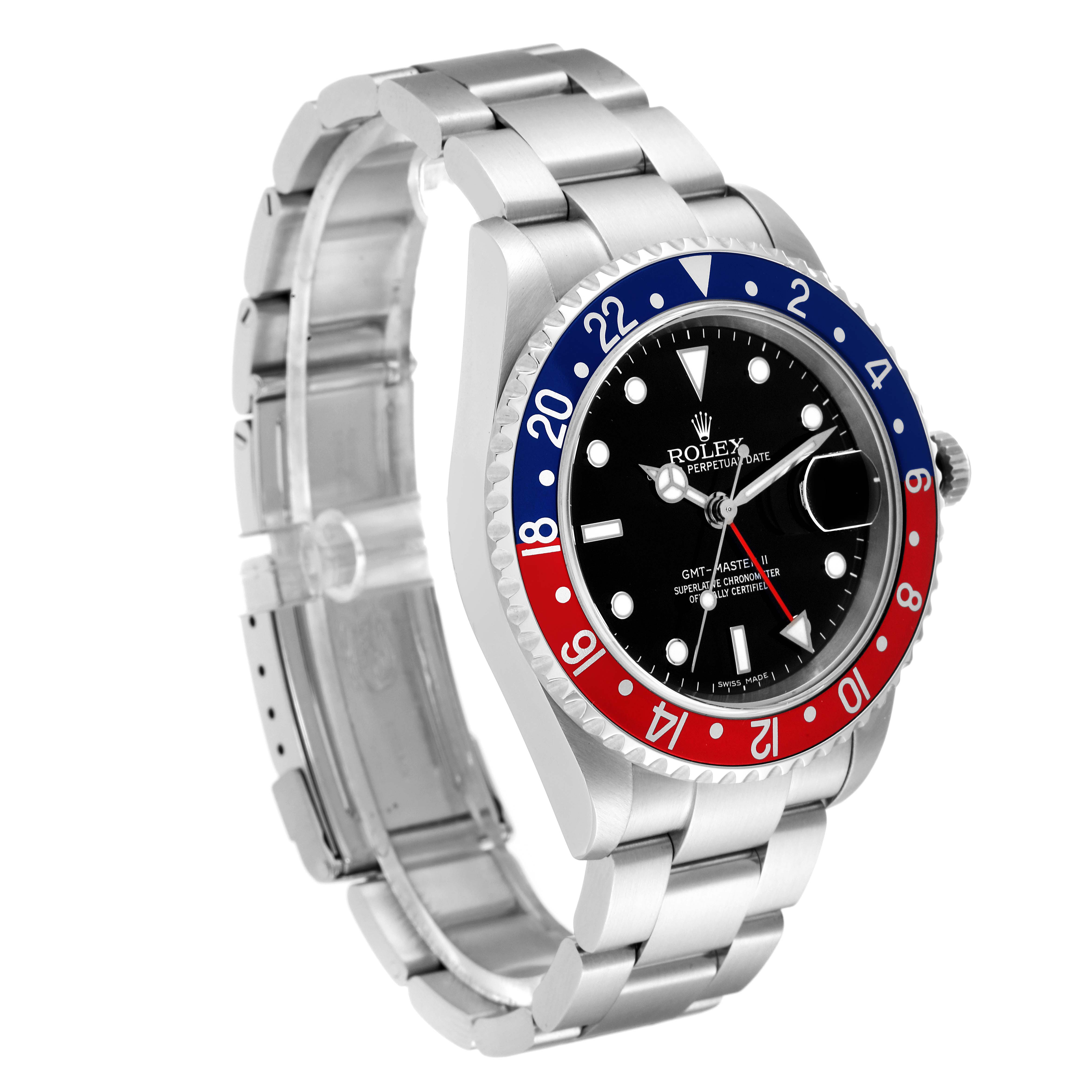 The image shows a Rolex GMT-Master 16710 Men's Stainless Steel Black Dial 16710 Men's Stainless Steel Black Dial watch at a three-quarter angle, highlighting the dial, bezel, and bracelet.