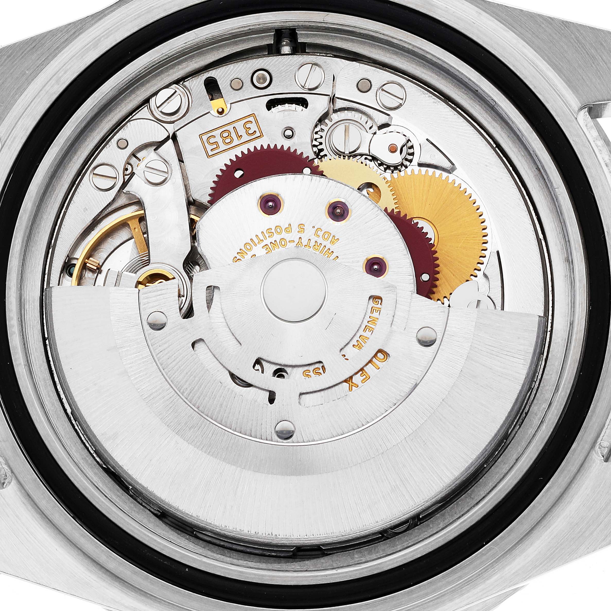 This is a close-up view of the movement mechanism inside the Rolex GMT-Master 16710 Men's Stainless Steel Black Dial 16710 Men's Stainless Steel Black Dial watch.