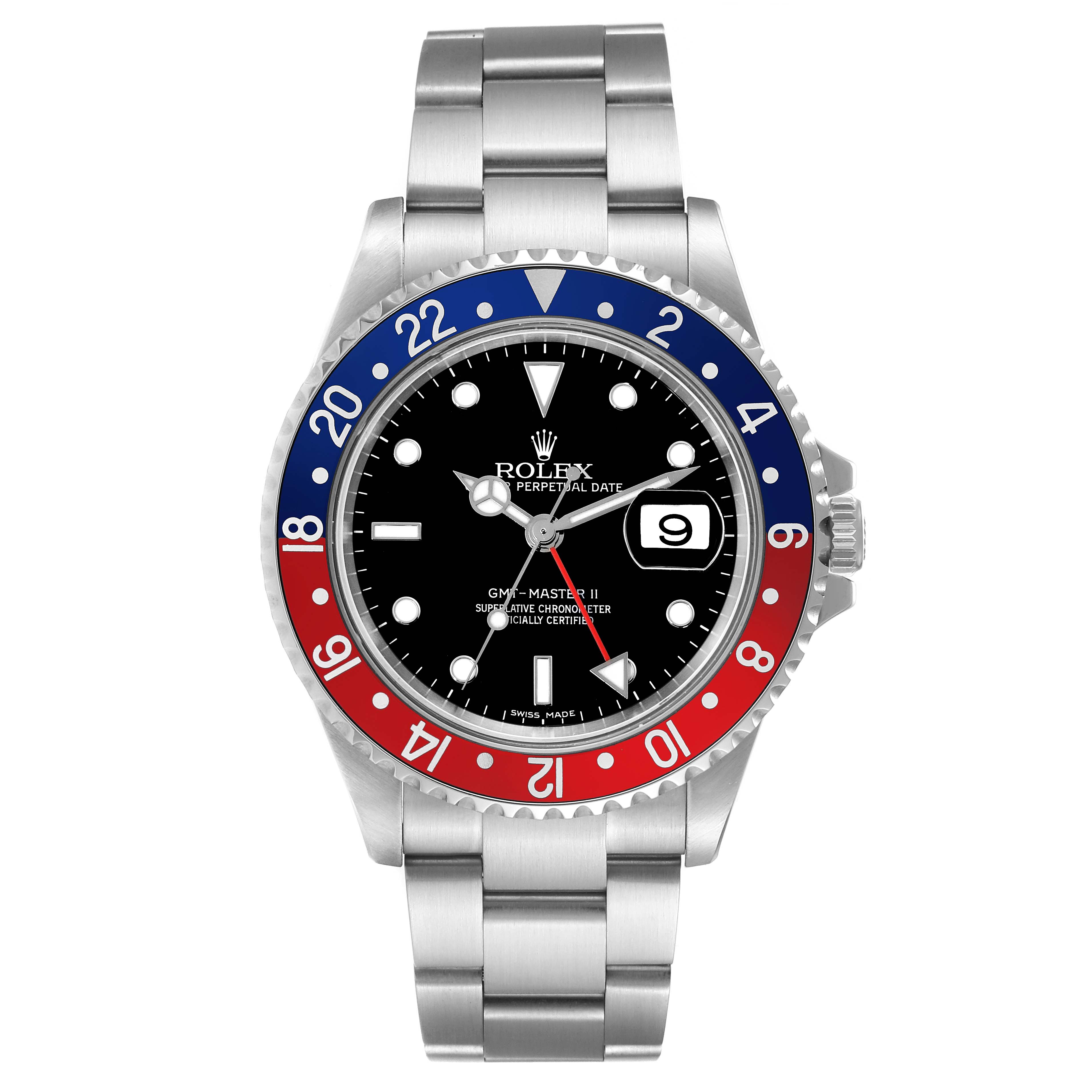 The Rolex GMT-Master 16710 Men's Stainless Steel Black Dial 16710 Men's Stainless Steel Black Dial II watch is shown from the front, displaying the dial, bezel, case, and bracelet.