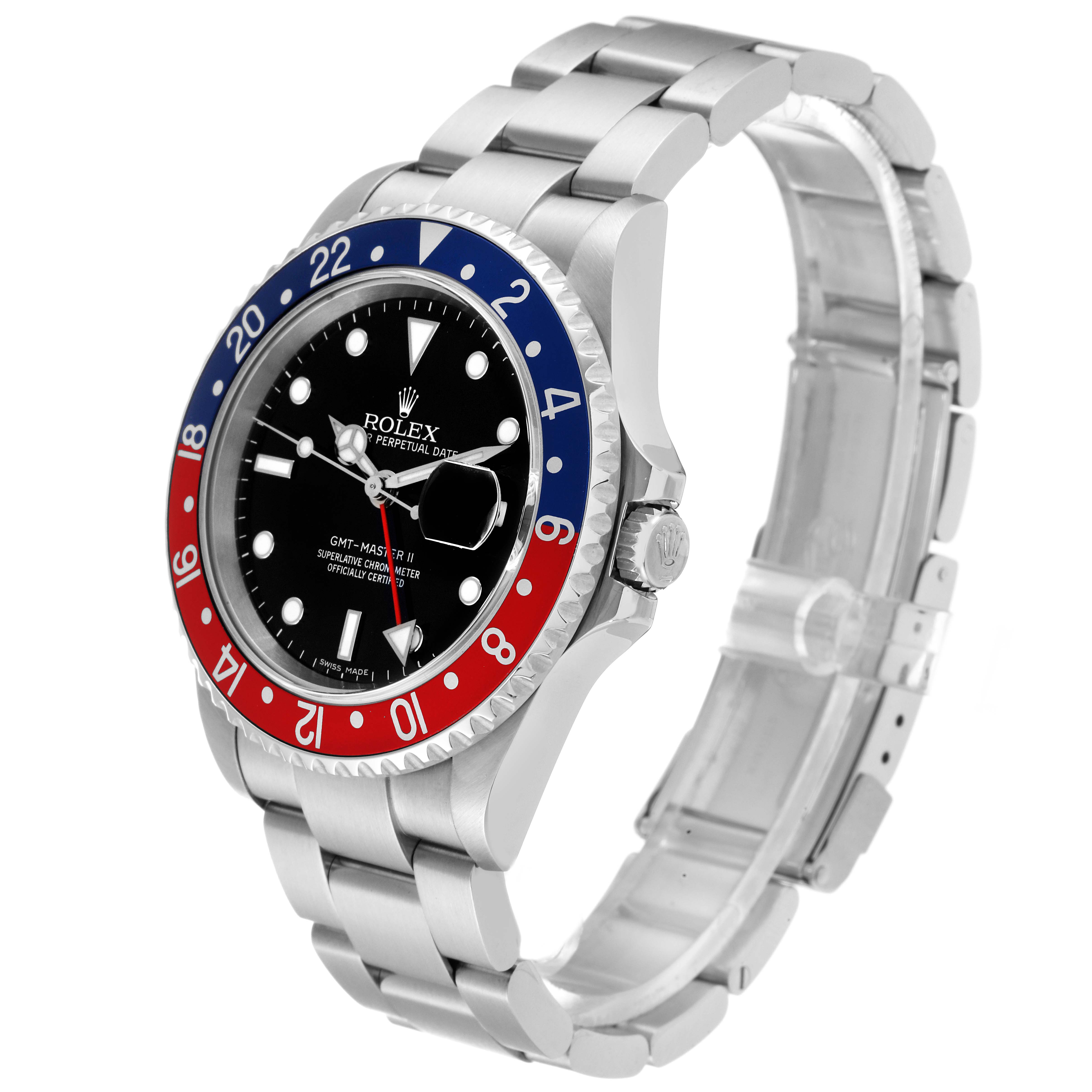 This image shows a side angle view of the Rolex GMT-Master 16710 Men's Stainless Steel Black Dial 16710 Men's Stainless Steel Black Dial watch, highlighting the bezel, dial, crown, and bracelet.
