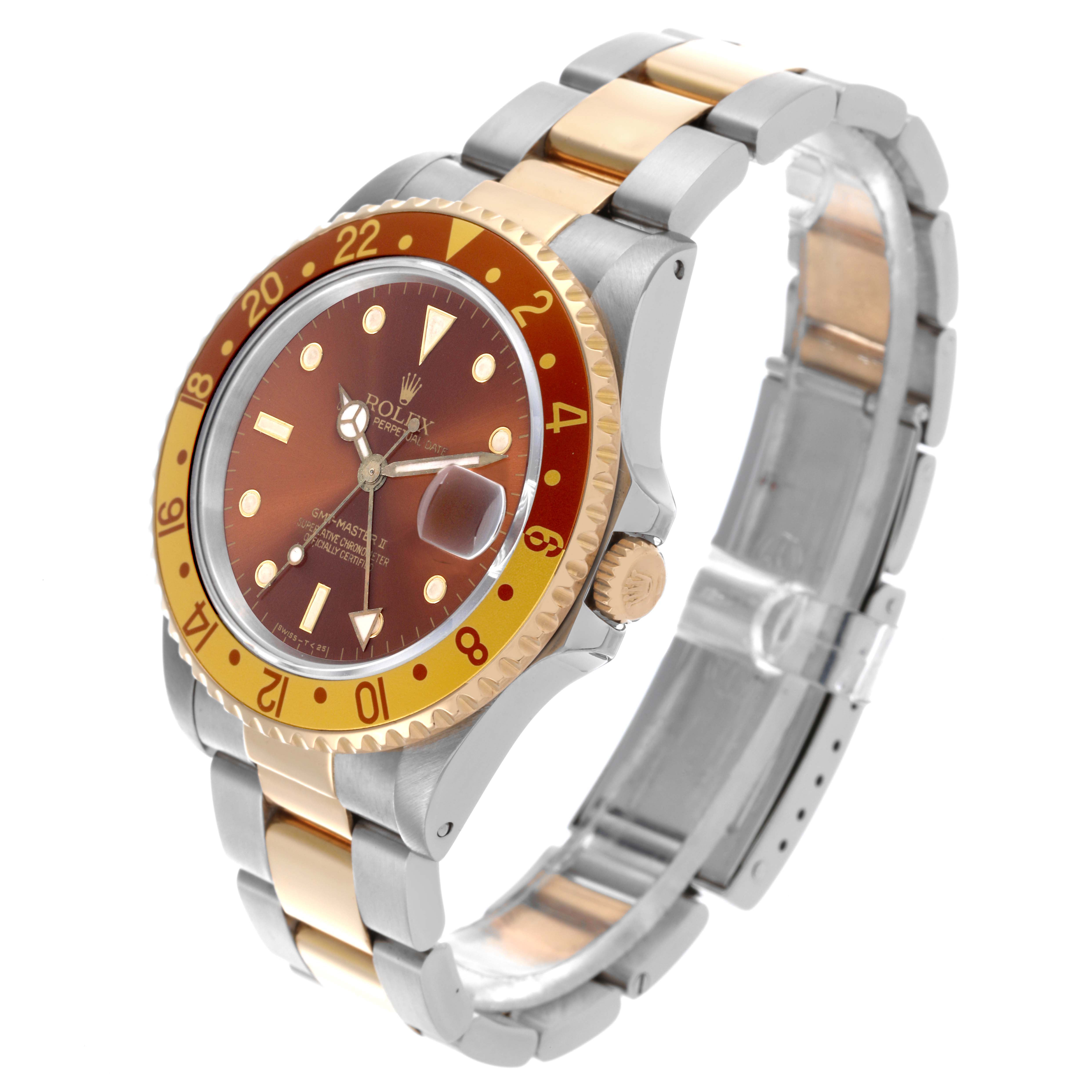 The Rolex GMT-Master 16713 Men
s Steel and Gold (two tone) Brown Dial 16713 Men
s Steel and Gold (two tone) Brown Dial watch is shown at a three-quarter angle, displaying the dial, bezel, crown, and bracelet.