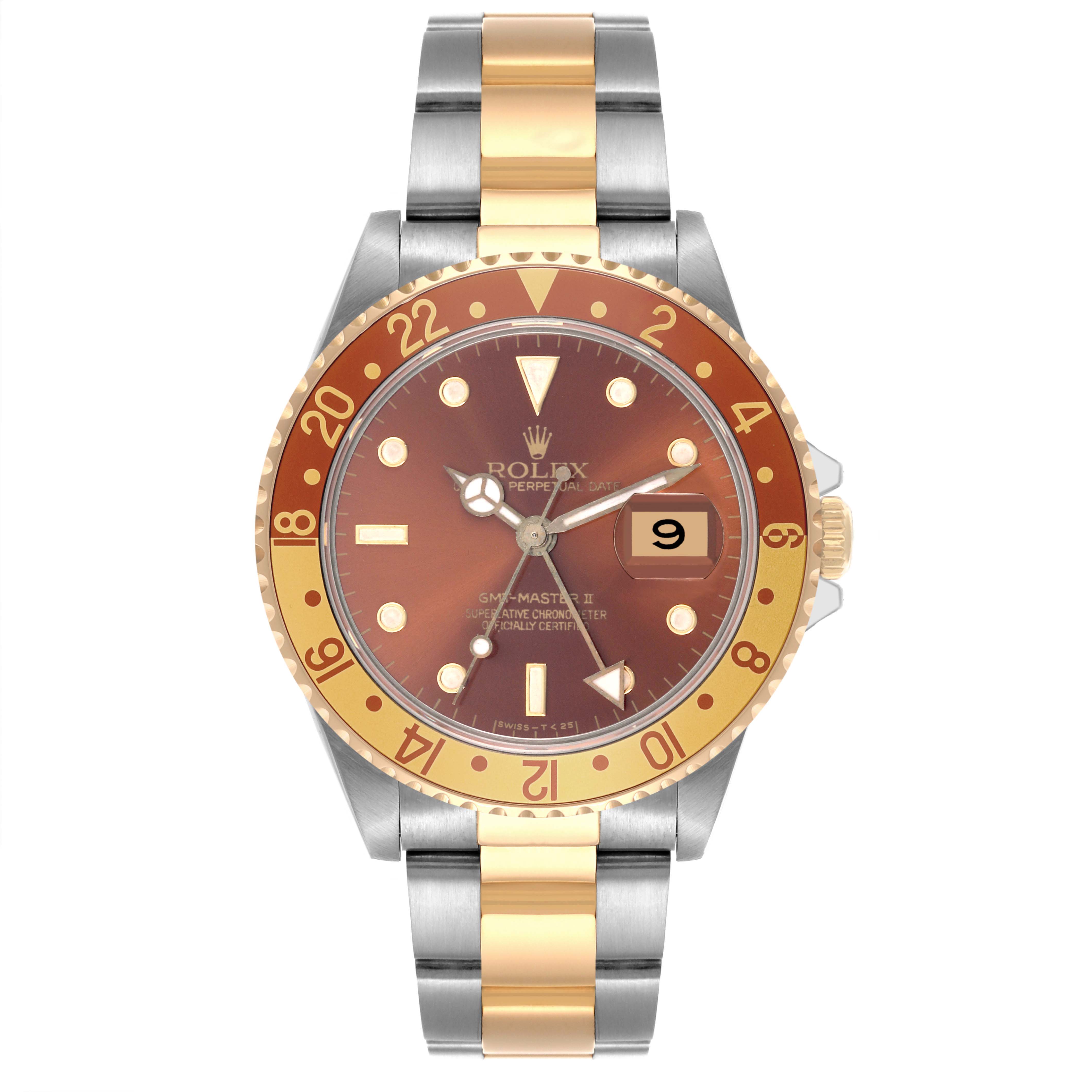 This Rolex GMT-Master 16713 Men
s Steel and Gold (two tone) Brown Dial 16713 Men
s Steel and Gold (two tone) Brown Dial watch is shown from a front angle, highlighting the dial, bezel, and metal bracelet.