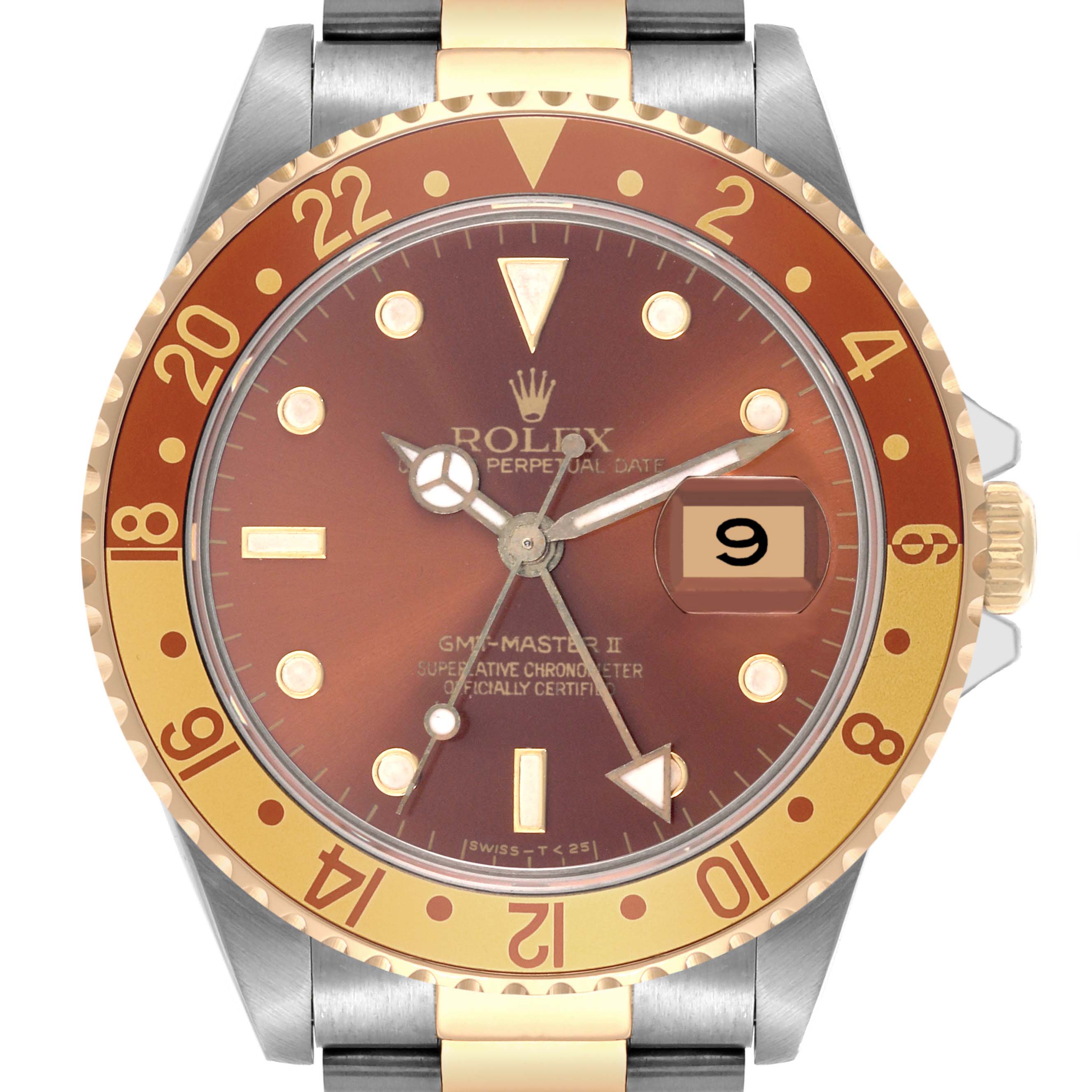 The image shows a front view of a Rolex GMT-Master 16713 Men
s Steel and Gold (two tone) Brown Dial 16713 Men
s Steel and Gold (two tone) Brown Dial II watch, highlighting its bezel, dial, and bracelet.