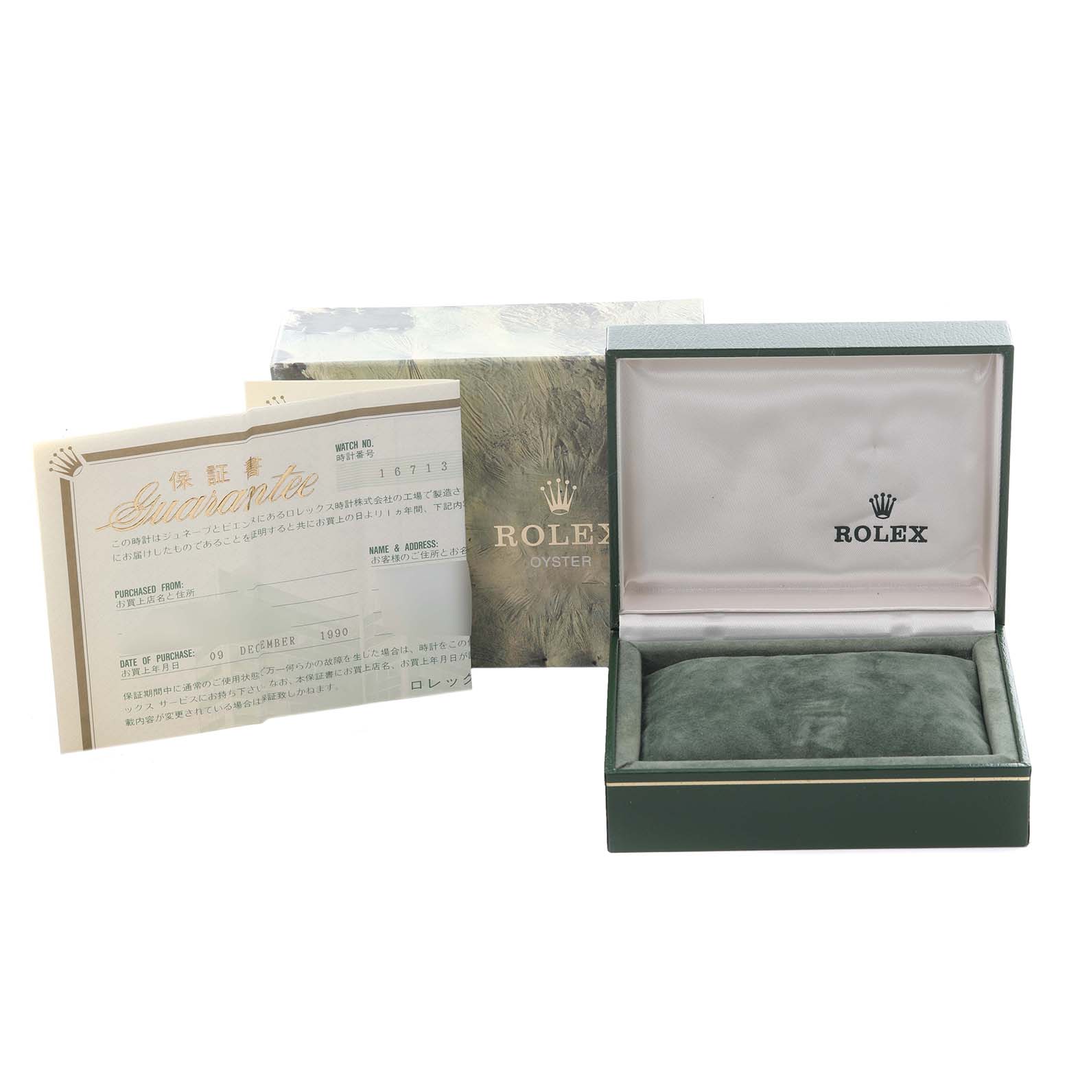 The image shows the packaging, warranty card, and box for a Rolex GMT-Master 16713 Men
s Steel and Gold (two tone) Brown Dial 16713 Men
s Steel and Gold (two tone) Brown Dial watch, but not the watch itself.