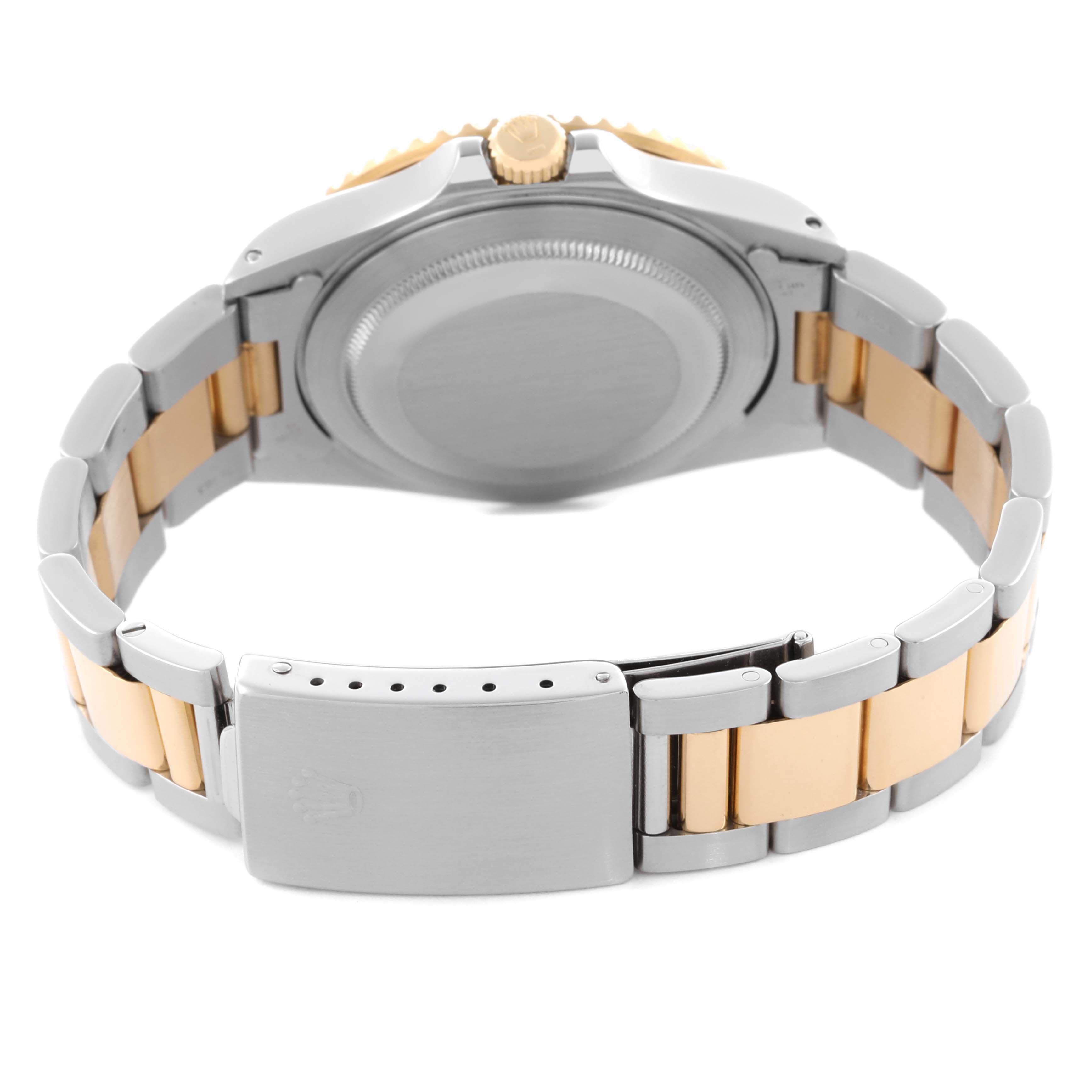 The image shows the back, clasp, and bracelet of the Rolex GMT-Master 16713 Men
s Steel and Gold (two tone) Brown Dial 16713 Men
s Steel and Gold (two tone) Brown Dial watch at a rear angle.