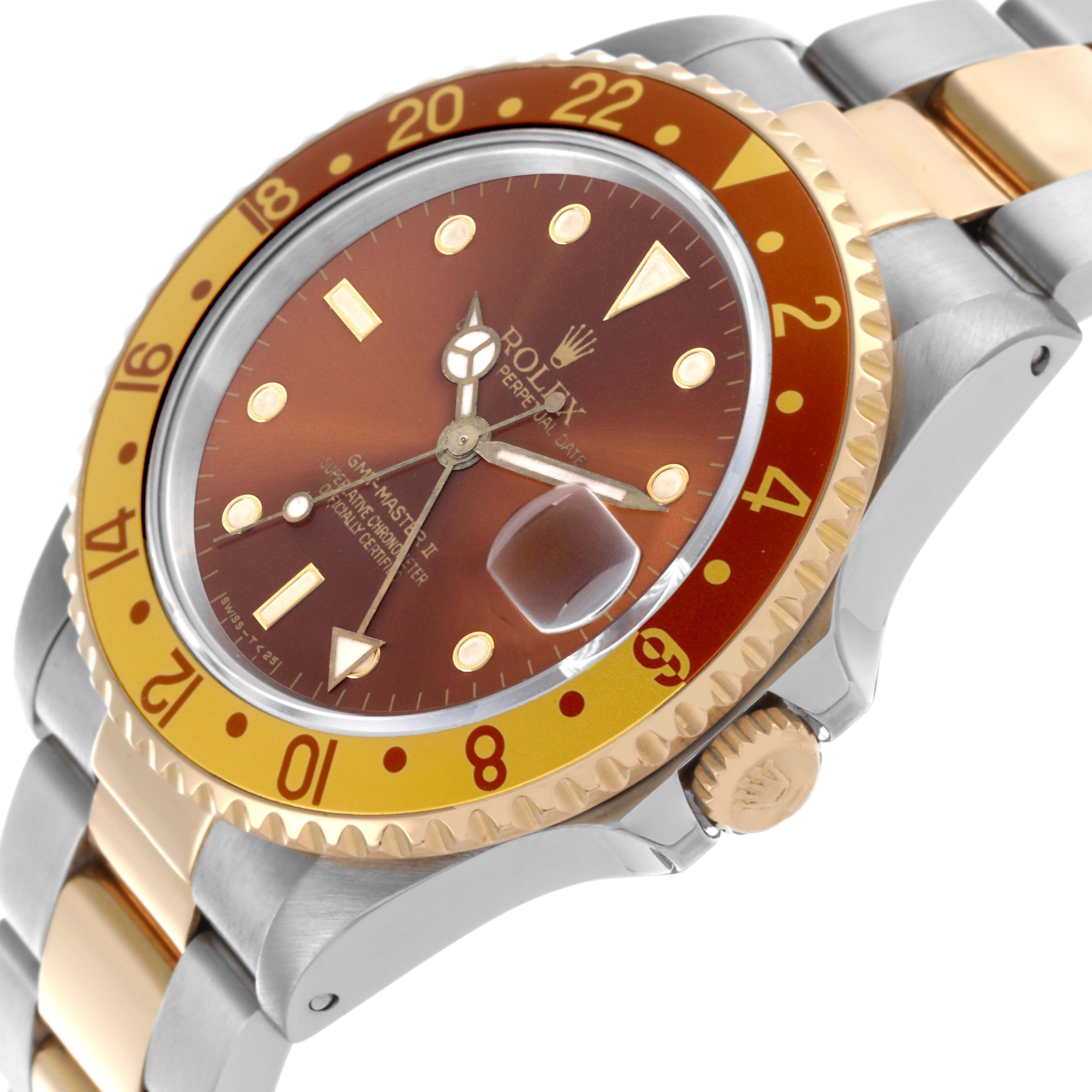The Rolex GMT-Master 16713 Men
s Steel and Gold (two tone) Brown Dial 16713 Men
s Steel and Gold (two tone) Brown Dial model is shown at a tilted angle, highlighting the bezel, dial, crown, and bracelet.