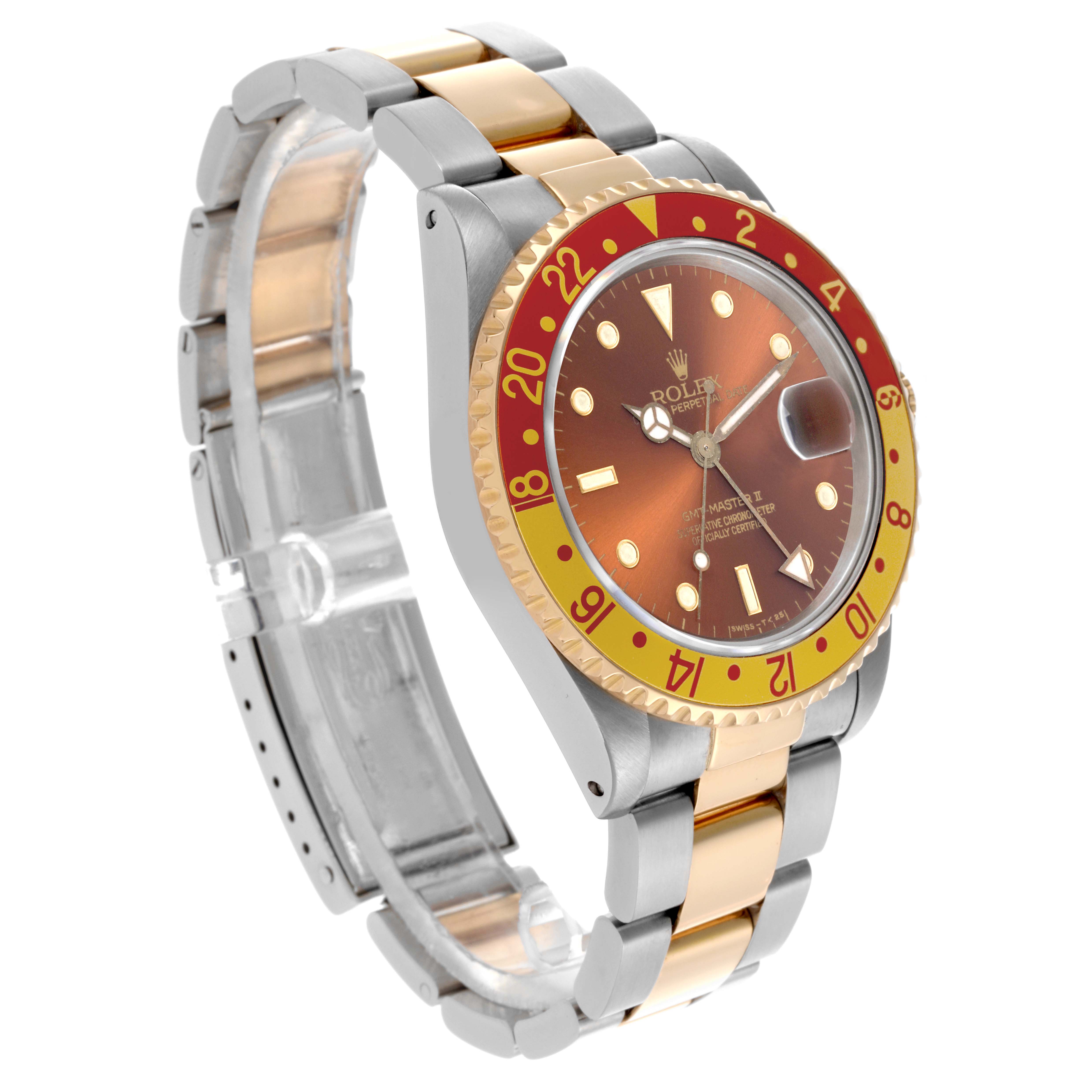 The image shows a side angle of a Rolex GMT-Master 16713 Men
s Steel and Gold (two tone) Brown Dial 16713 Men
s Steel and Gold (two tone) Brown Dial watch, highlighting the brown dial, two-tone bracelet, and red-yellow bezel.
