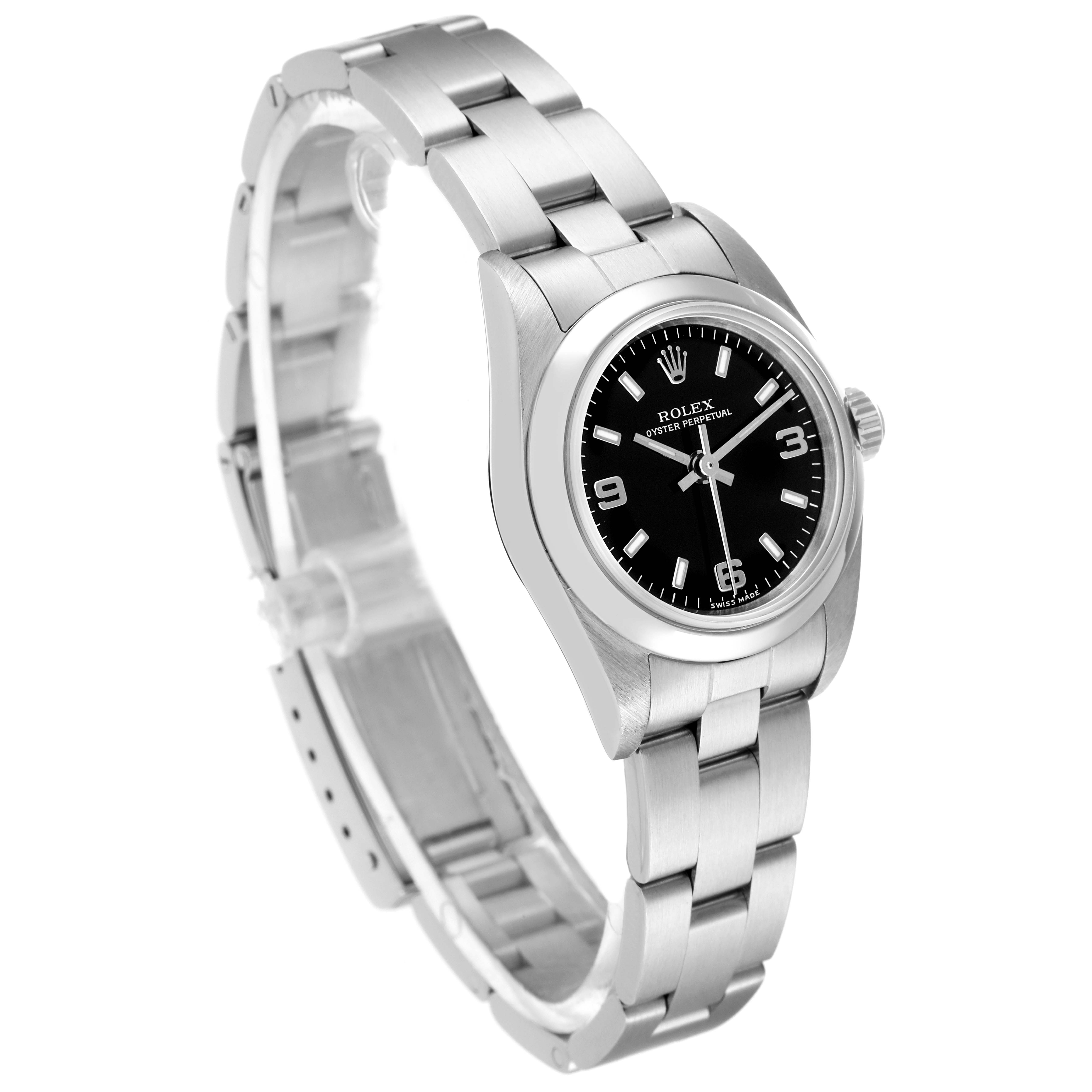 The Rolex Oyster Perpetual 76080 Women's Stainless Steel Black Dial 76080 Women's Stainless Steel Black Dial watch is shown from a front-left angle, displaying the bracelet, case, and black dial.
