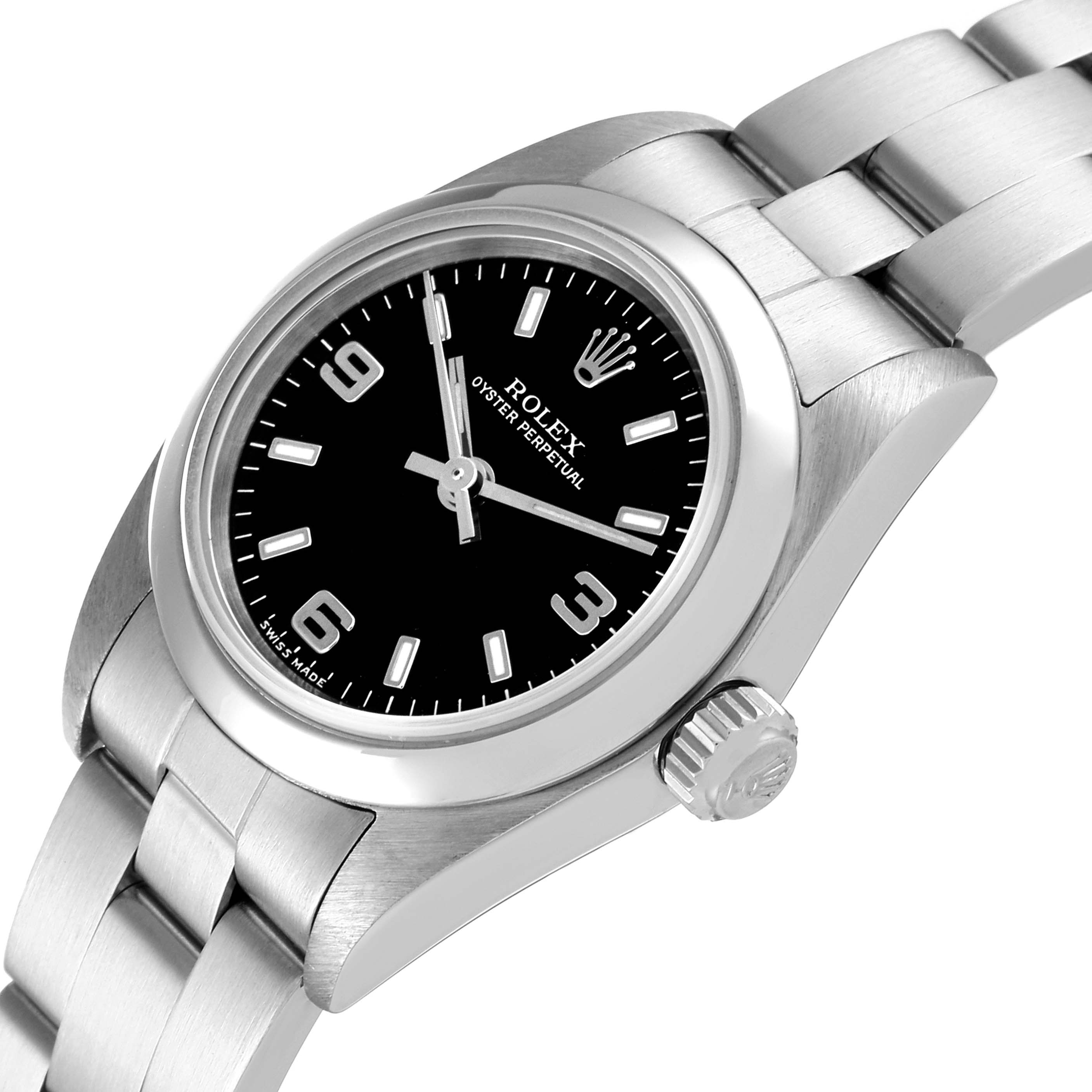 The Rolex Oyster Perpetual 76080 Women's Stainless Steel Black Dial 76080 Women's Stainless Steel Black Dial watch is shown at an angle displaying the dial, bezel, crown, and part of the bracelet.