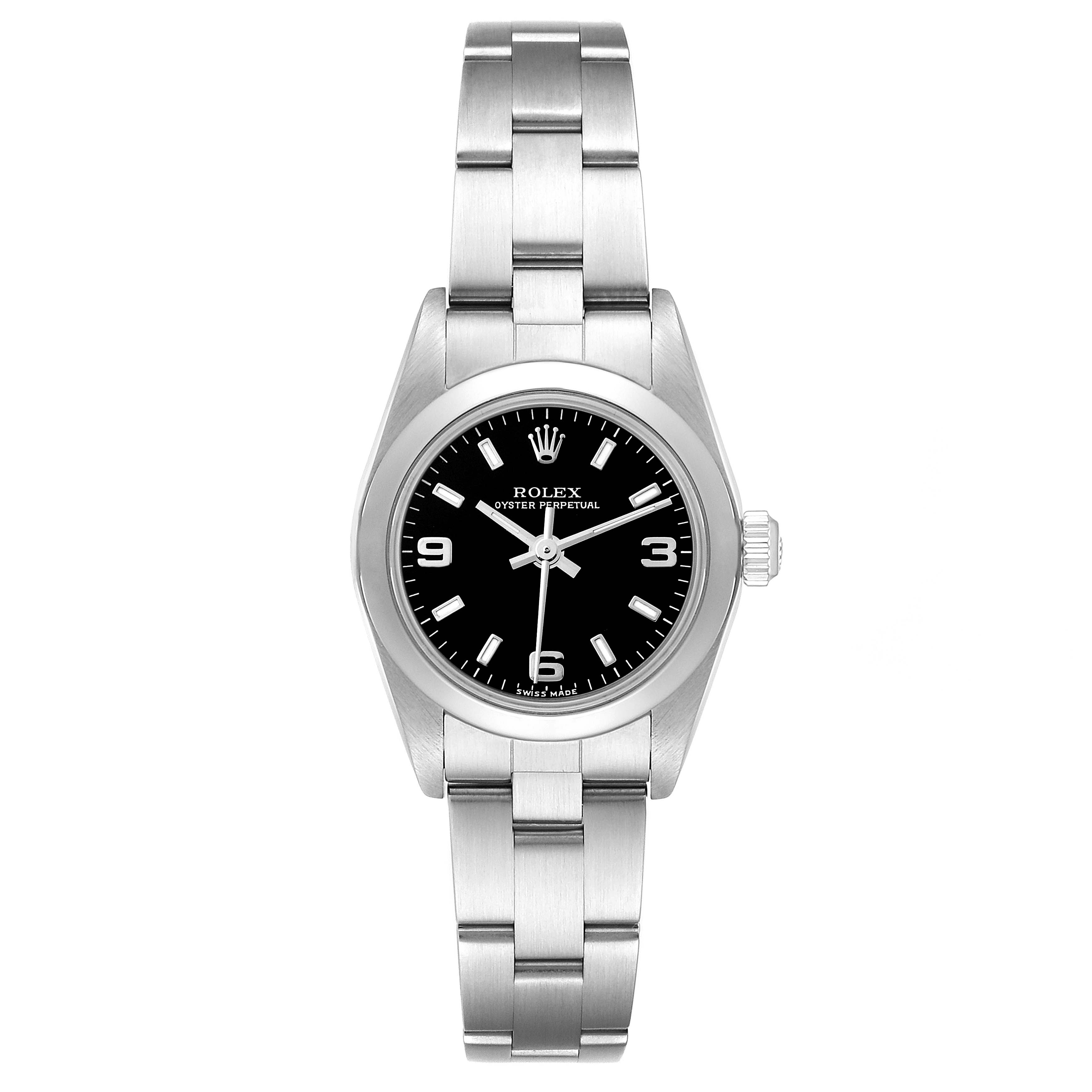 This image shows a front view of a Rolex Oyster Perpetual 76080 Women's Stainless Steel Black Dial 76080 Women's Stainless Steel Black Dial watch featuring a black dial and stainless steel bracelet.