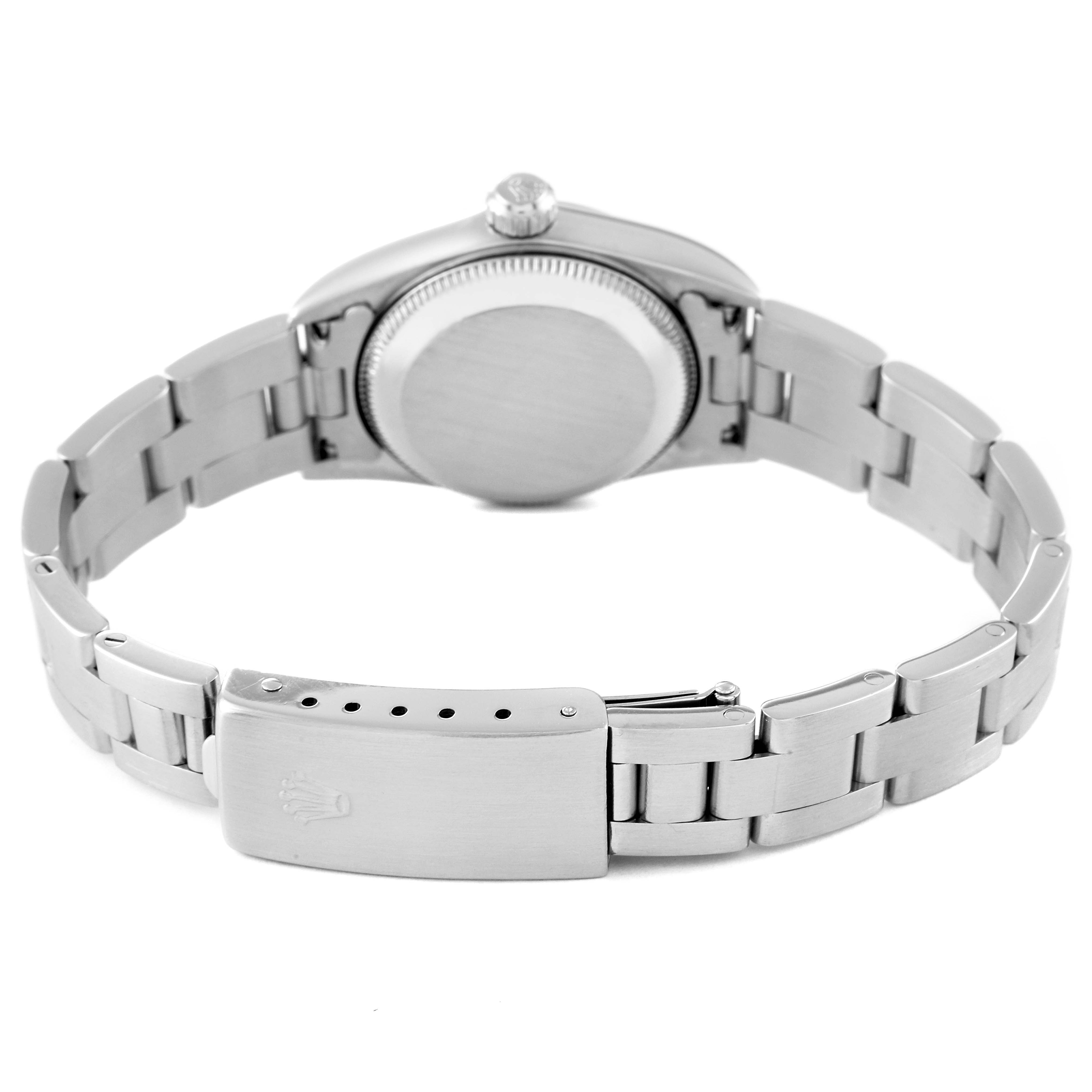 The image shows the back view of a Rolex Oyster Perpetual 76080 Women's Stainless Steel Black Dial 76080 Women's Stainless Steel Black Dial watch, highlighting its metal bracelet and clasp.