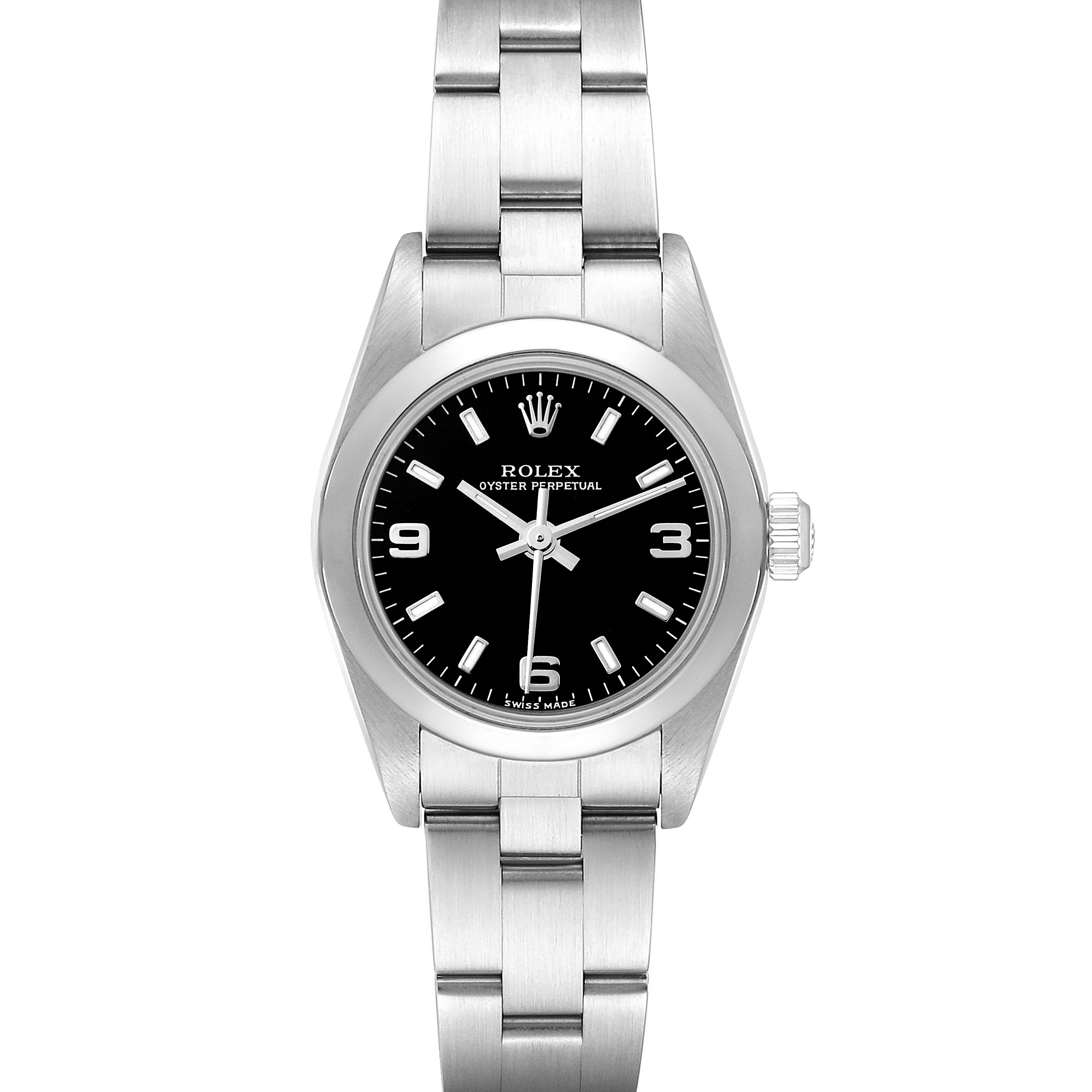 The Rolex Oyster Perpetual 76080 Women's Stainless Steel Black Dial 76080 Women's Stainless Steel Black Dial watch is shown from a front view, displaying its black dial, stainless steel case, and bracelet.