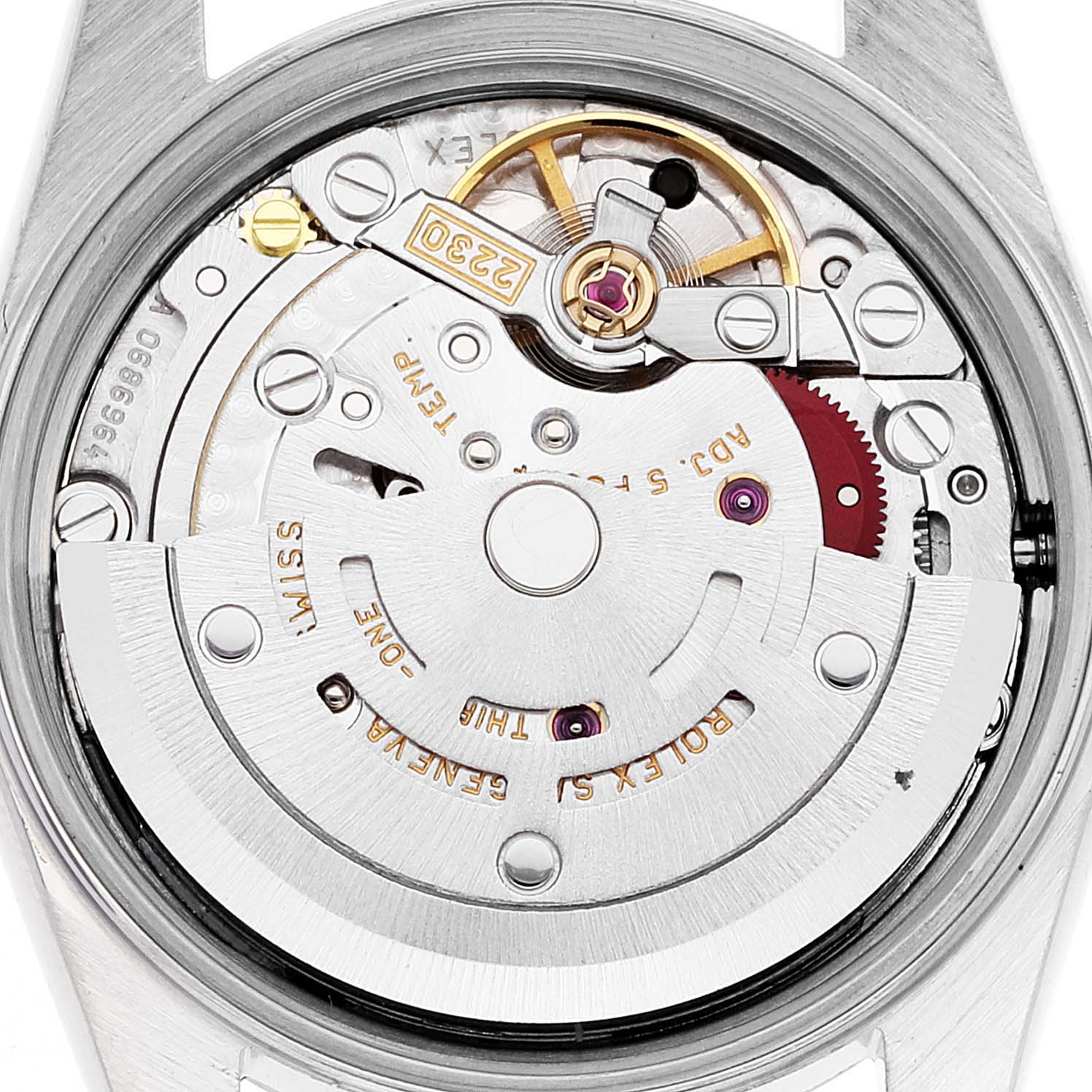This image shows the internal movement mechanism of a Rolex Oyster Perpetual 76080 Women's Stainless Steel Black Dial 76080 Women's Stainless Steel Black Dial watch from a top-down angle.