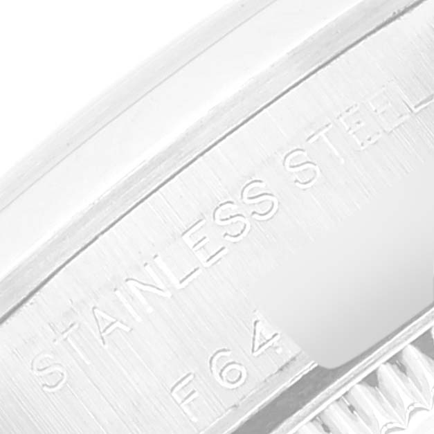 This is a close-up image of the side case of a Rolex Oyster Perpetual 76080 Women's Stainless Steel Black Dial 76080 Women's Stainless Steel Black Dial, showing the "Stainless Steel" engraving.