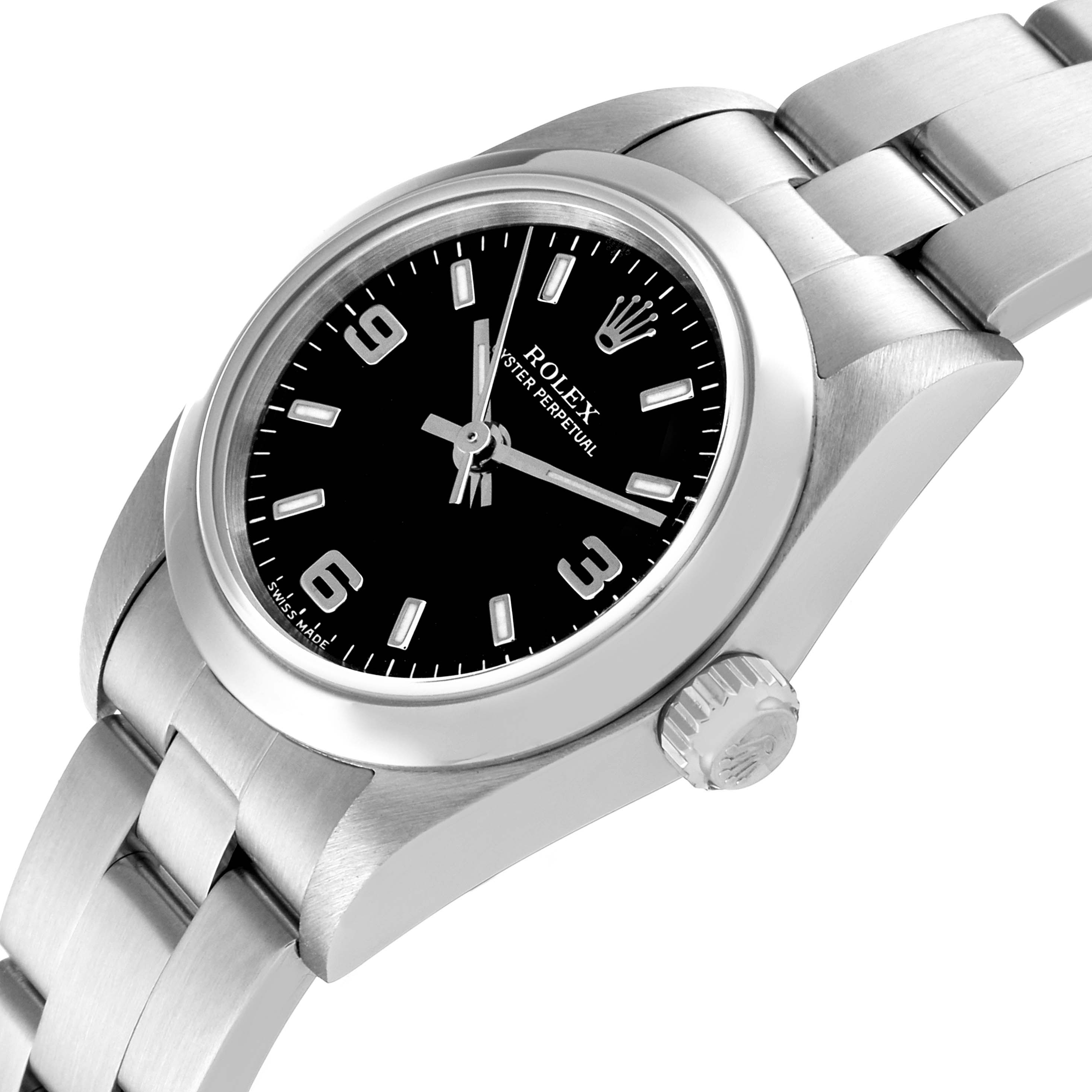 This image shows a side angle of the Rolex Oyster Perpetual 76080 Women's Stainless Steel Black Dial 76080 Women's Stainless Steel Black Dial watch, highlighting the face, crown, and bracelet.