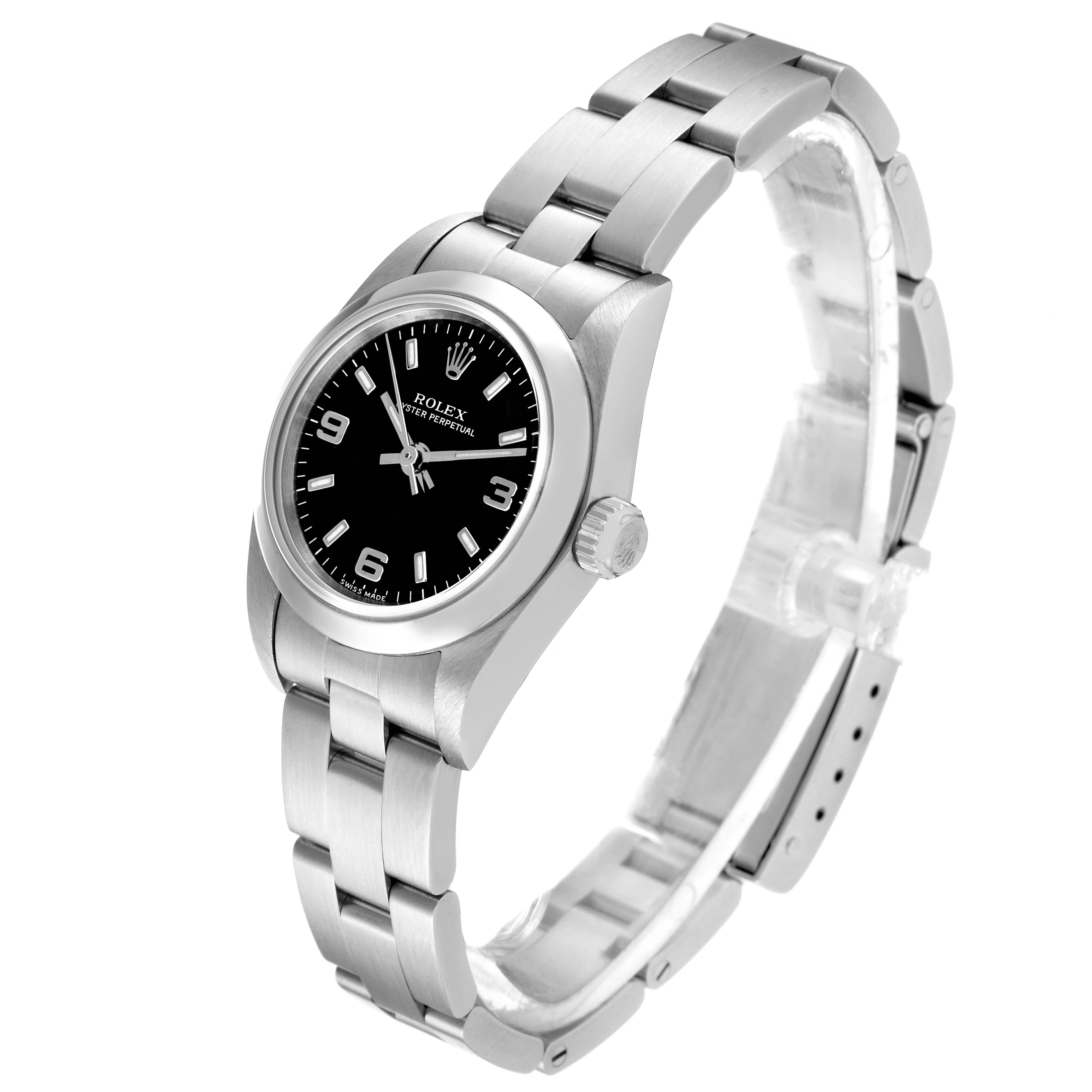 The image shows a Rolex Oyster Perpetual 76080 Women's Stainless Steel Black Dial 76080 Women's Stainless Steel Black Dial watch from a front and angled side view, focusing on the dial and band.