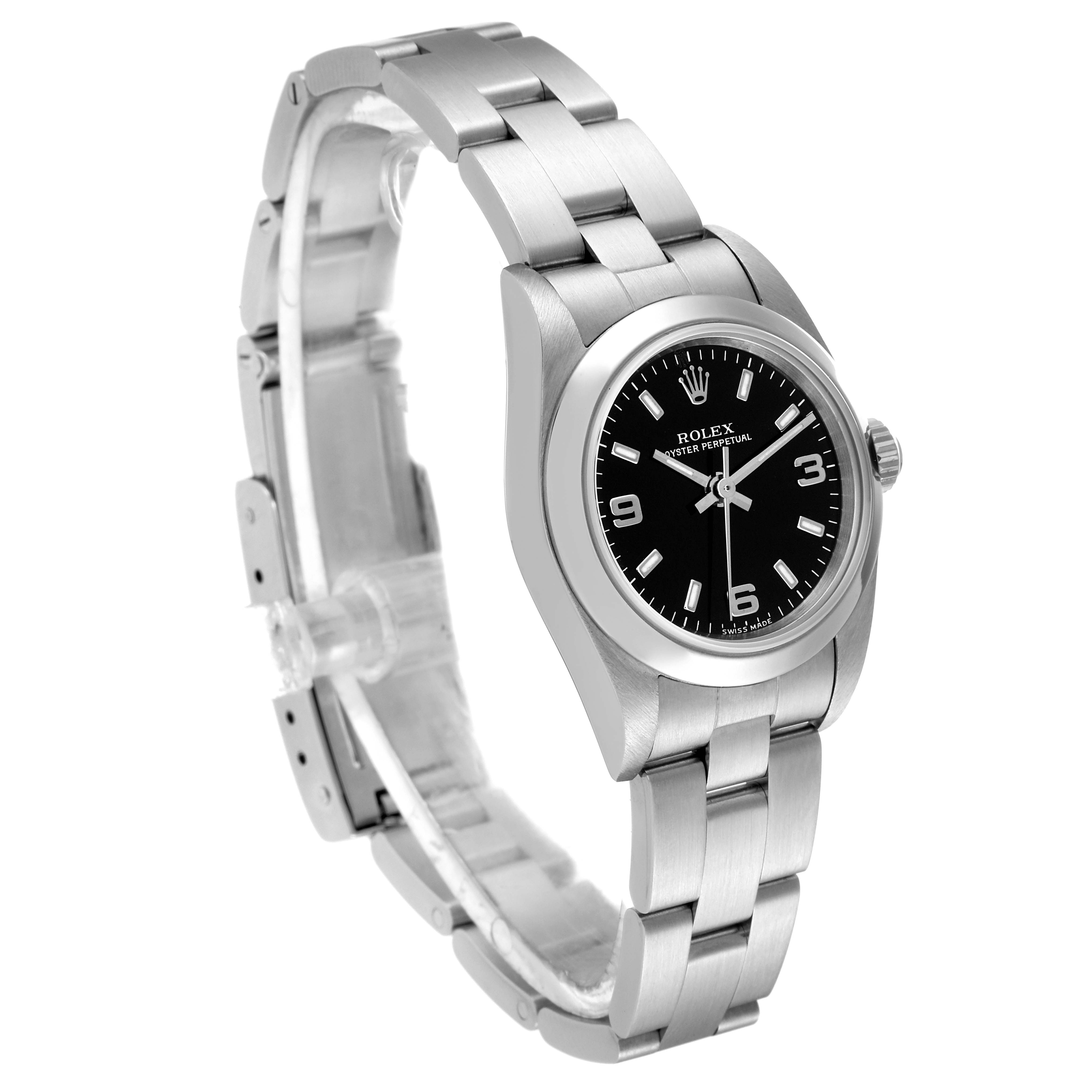 This image shows a side and front angled view of a Rolex Oyster Perpetual 76080 Women's Stainless Steel Black Dial 76080 Women's Stainless Steel Black Dial watch, highlighting its black dial and metal bracelet.