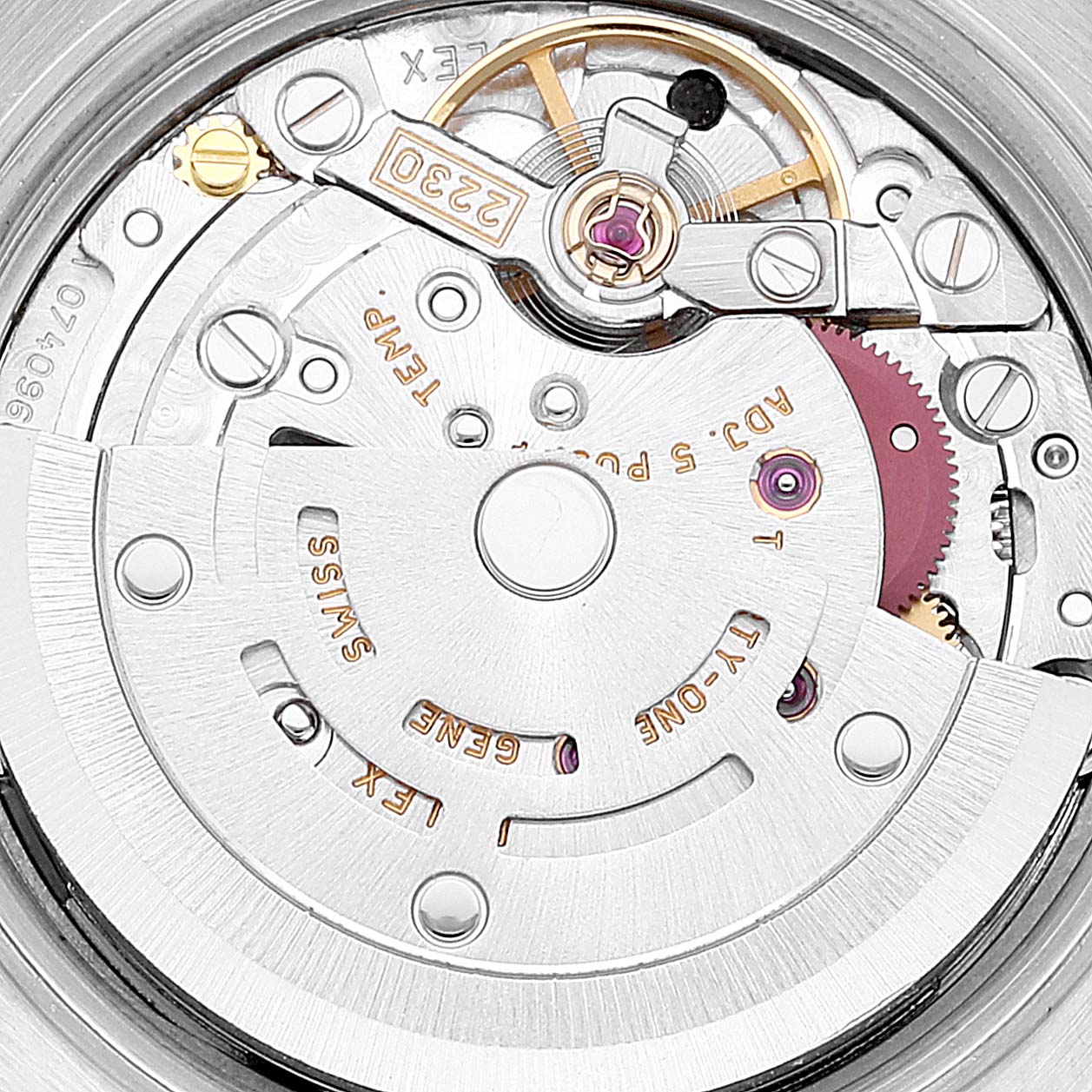 The image shows an up-close view of the movement mechanism inside a Rolex Oyster Perpetual 76080 Women's Stainless Steel Black Dial 76080 Women's Stainless Steel Black Dial watch.