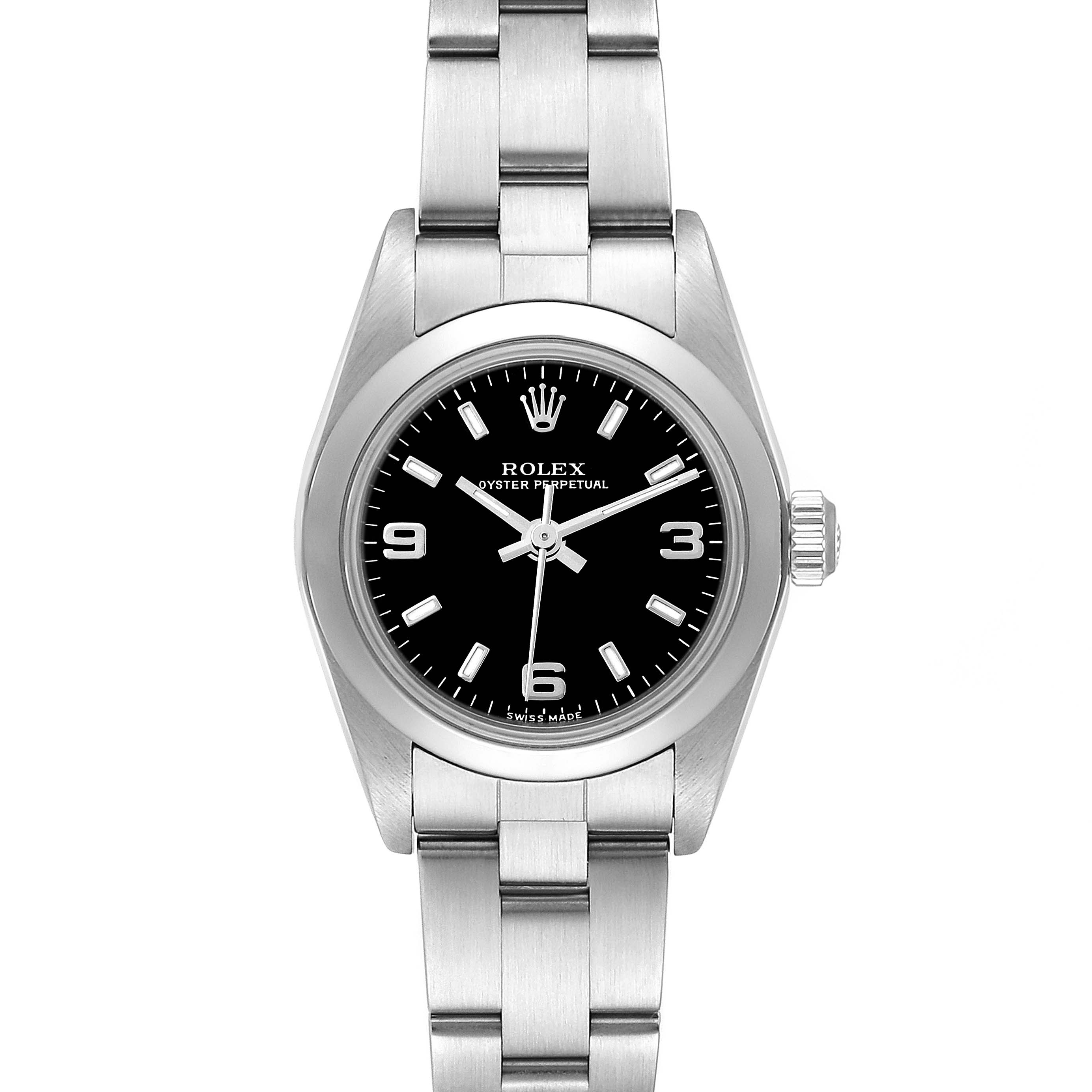 The Rolex Oyster Perpetual 76080 Women's Stainless Steel Black Dial 76080 Women's Stainless Steel Black Dial watch is shown from the front, displaying its face, bezel, and metal bracelet.