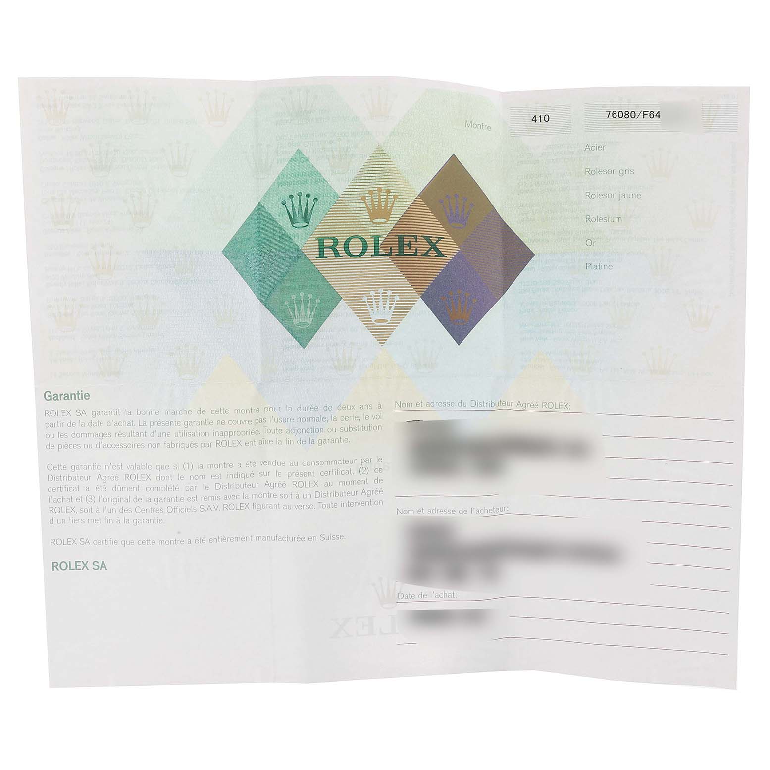 This image shows a warranty document for a Rolex Oyster Perpetual 76080 Women's Stainless Steel Black Dial 76080 Women's Stainless Steel Black Dial watch, featuring the brand's logo and various details.
