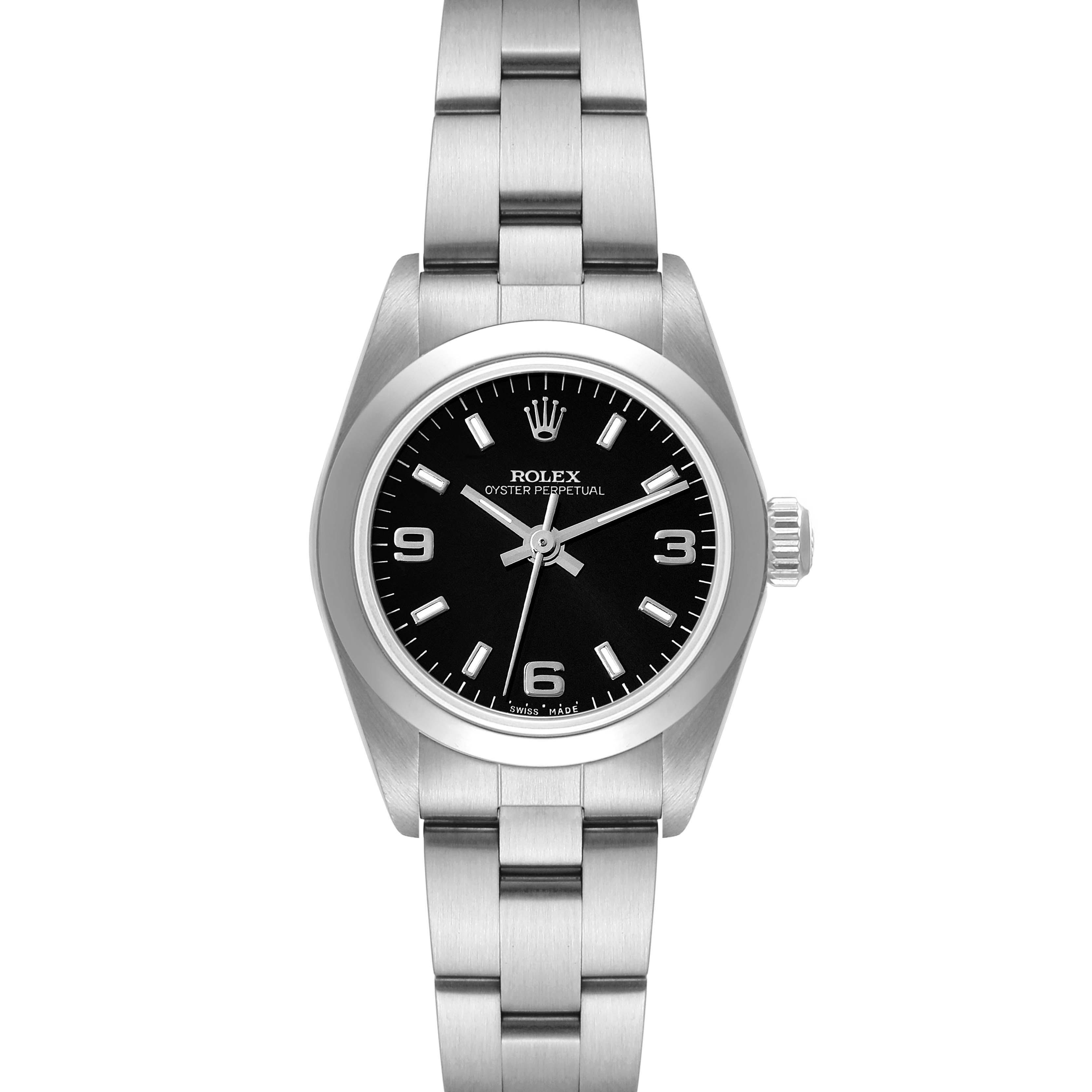 The image shows a front view of the Rolex Oyster Perpetual 76080 Women's Stainless Steel Black Dial 76080 Women's Stainless Steel Black Dial watch, displaying its black dial, bezel, and stainless steel bracelet.