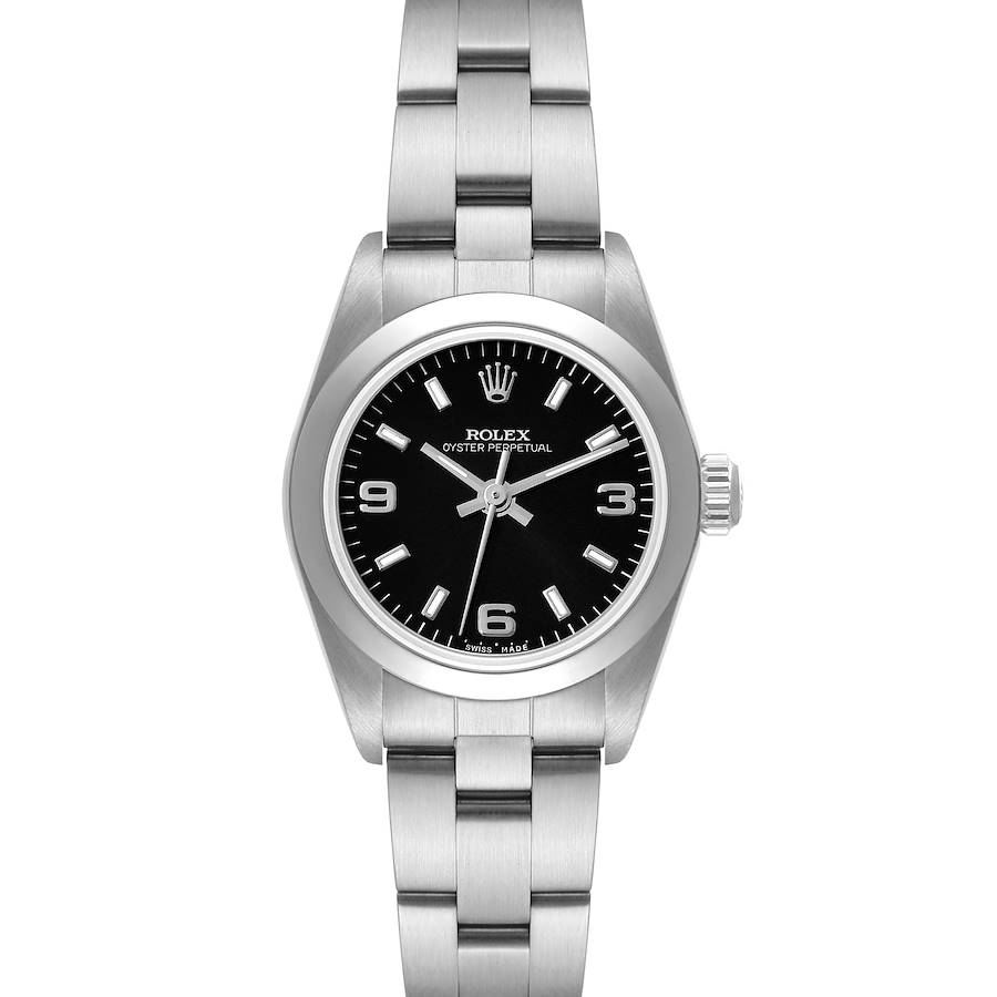 Rolex Oyster Perpetual 24mm Black Dial Steel Ladies Watch 76080 Box Papers SwissWatchExpo