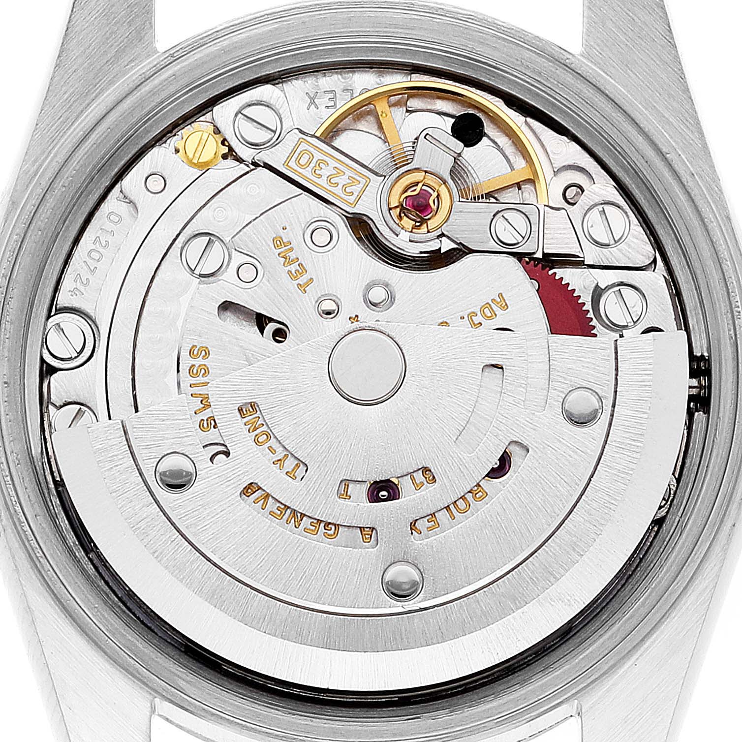 This image shows the internal mechanism and movement parts of a Rolex Oyster Perpetual 76080 Women's Stainless Steel Black Dial 76080 Women's Stainless Steel Black Dial watch from a top-down view.