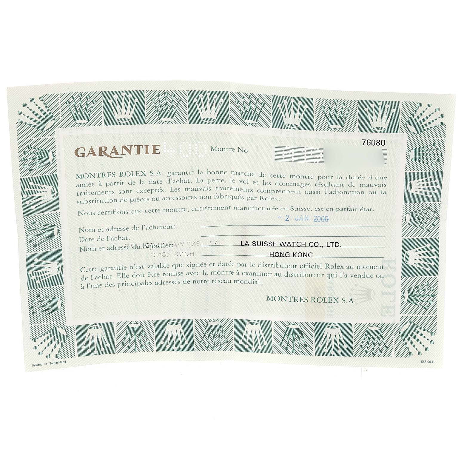 The image shows the warranty certificate for a Rolex Oyster Perpetual 76080 Women's Stainless Steel Black Dial 76080 Women's Stainless Steel Black Dial watch.