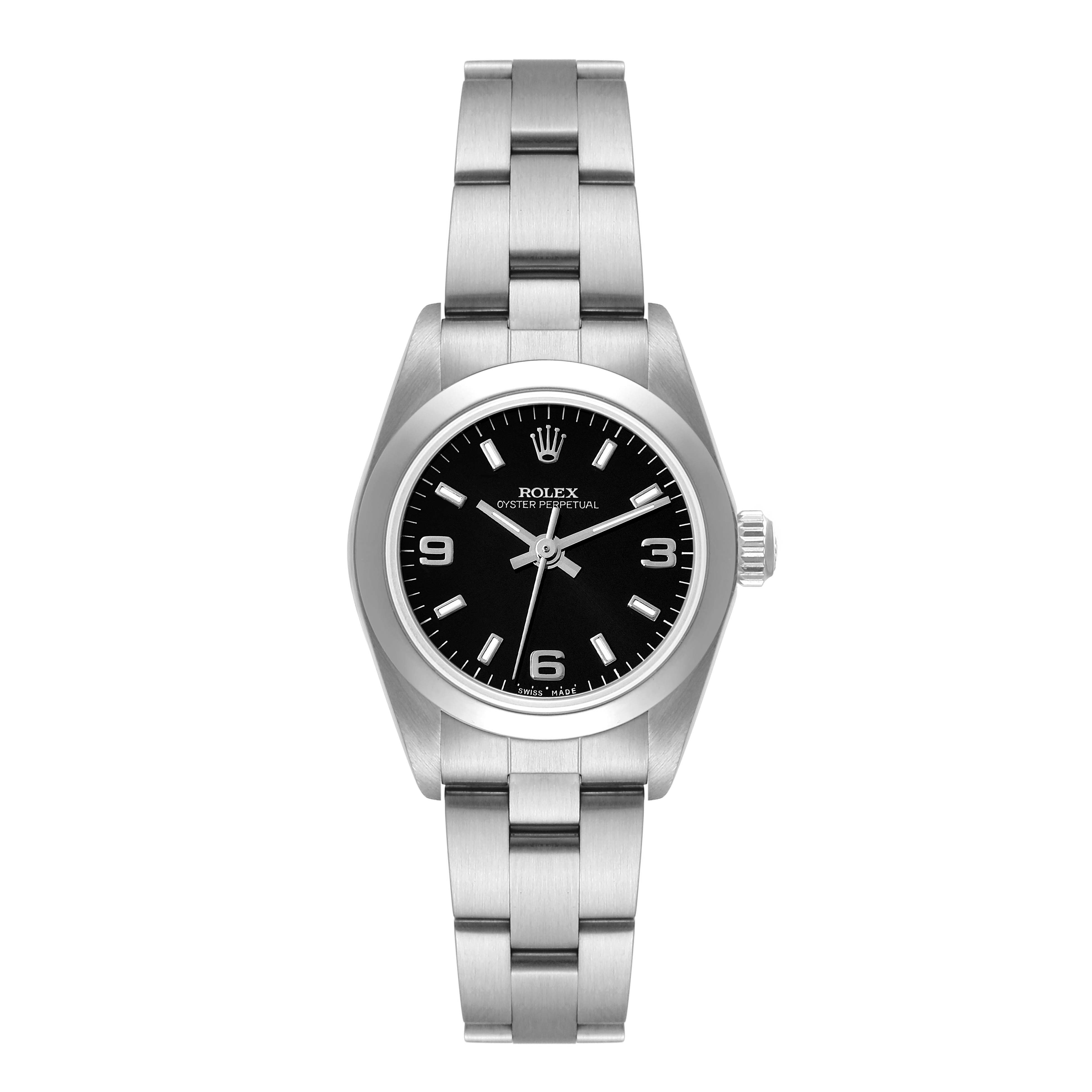 This Rolex Oyster Perpetual 76080 Women's Stainless Steel Black Dial 76080 Women's Stainless Steel Black Dial watch is shown from the front, displaying the dial, bezel, case, and bracelet.