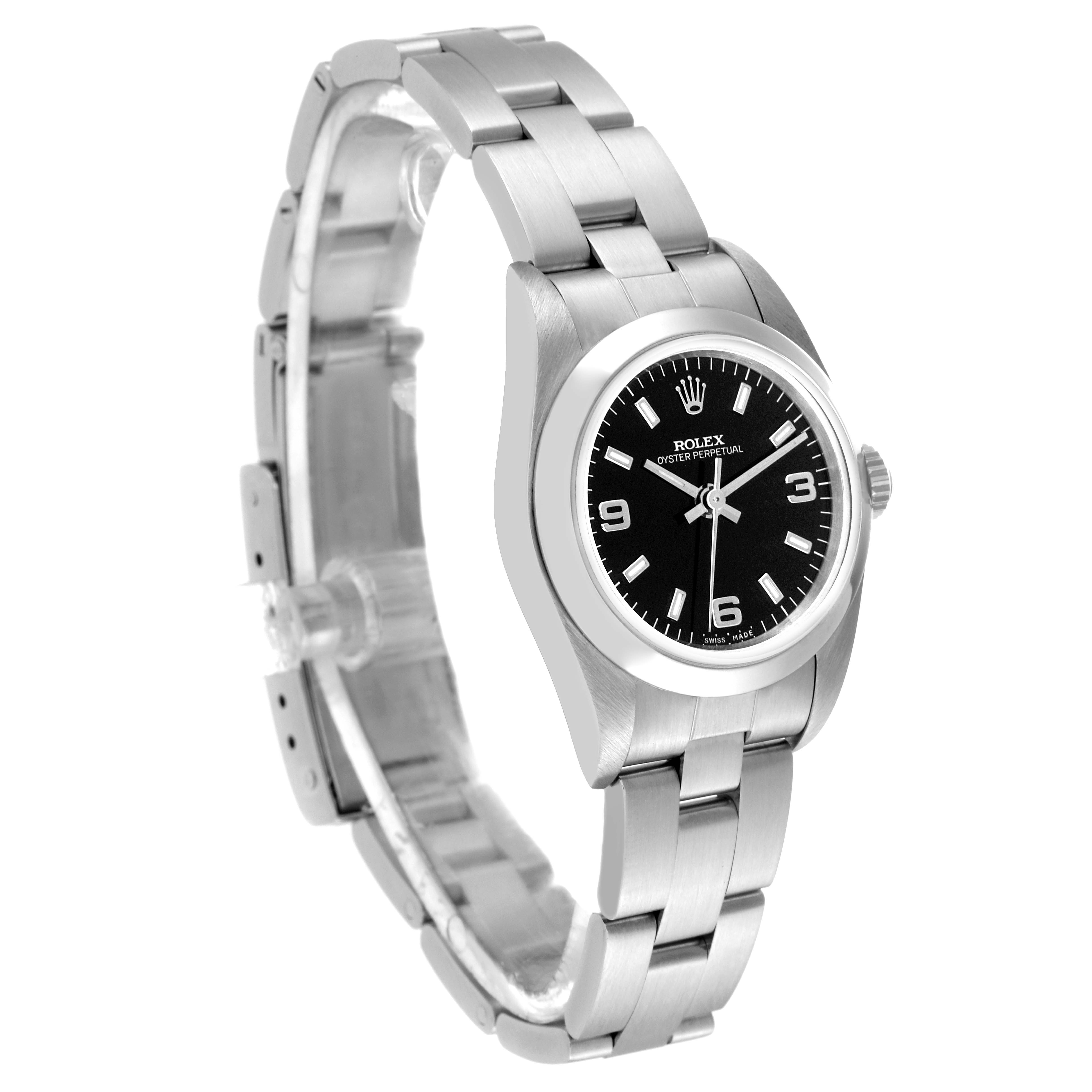 The image shows a Rolex Oyster Perpetual 76080 Women's Stainless Steel Black Dial 76080 Women's Stainless Steel Black Dial watch from an angled side view, displaying the bracelet and the watch face.