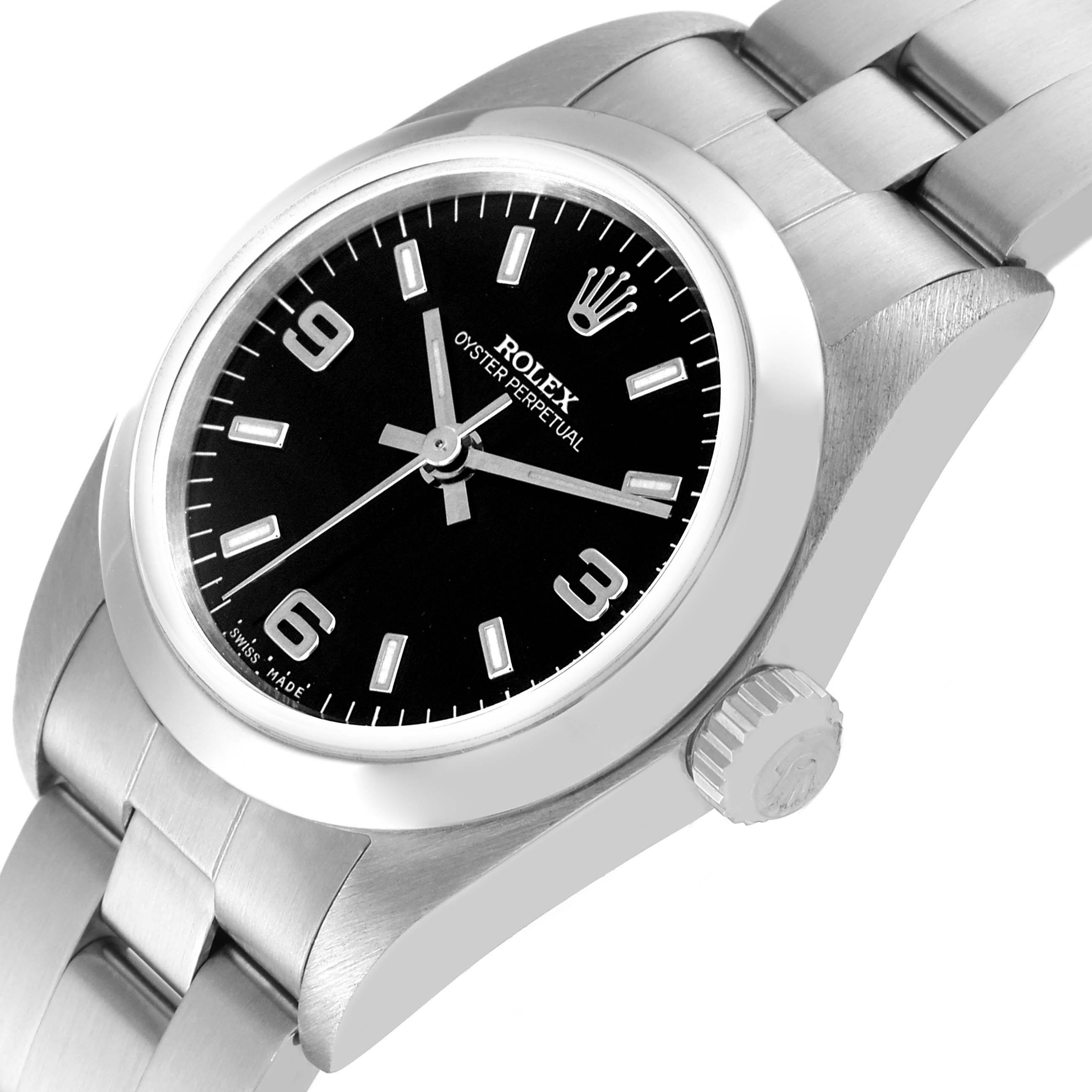 The image shows a close-up, angled view of a Rolex Oyster Perpetual 76080 Women's Stainless Steel Black Dial 76080 Women's Stainless Steel Black Dial watch, highlighting the dial, crown, and part of the bracelet.