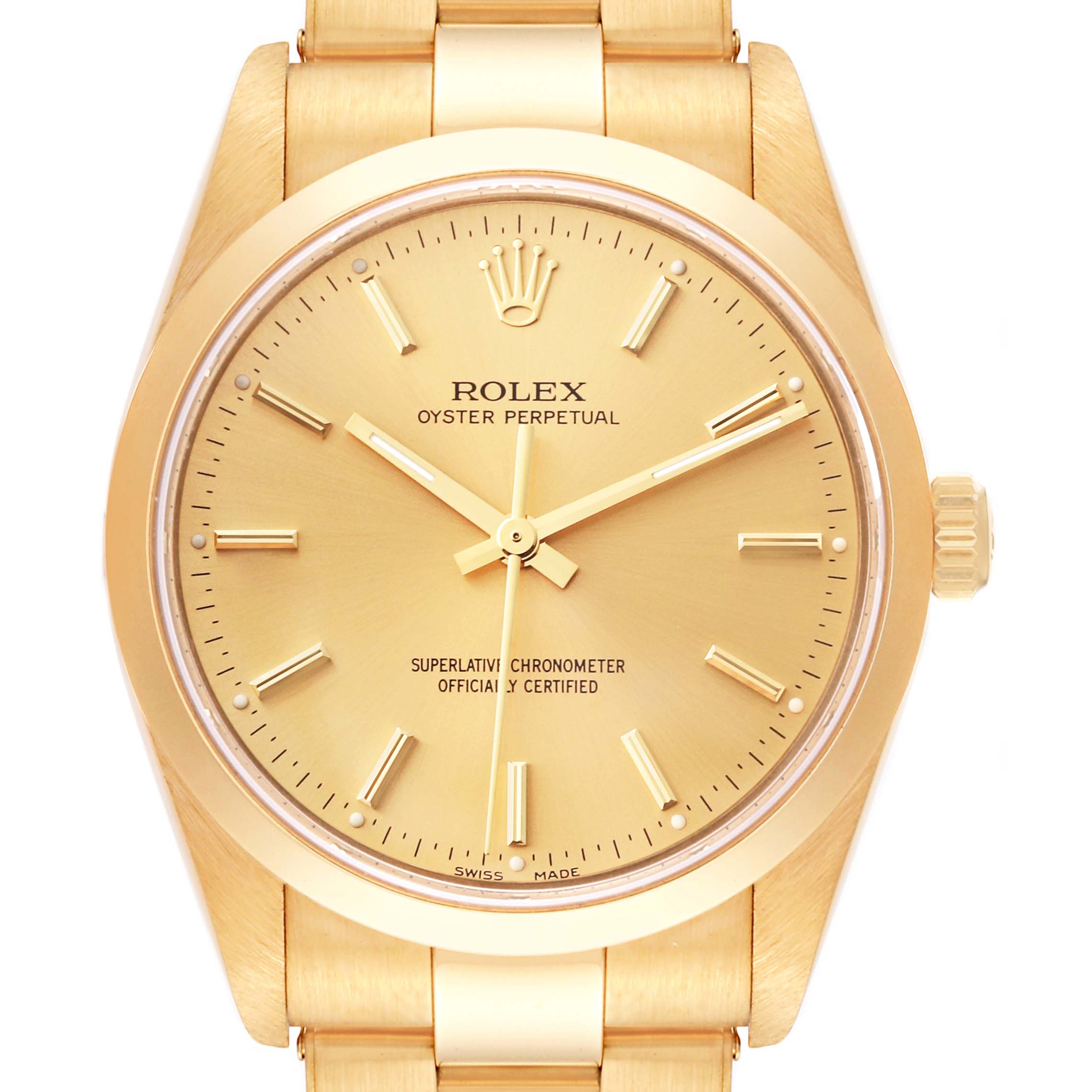 This image shows a frontal view of the Rolex President 14208M Men
s Yellow Gold Champagne Dial 14208M Men
s Yellow Gold Champagne Dial model watch, highlighting the dial, hands, bezel, and part of the bracelet.