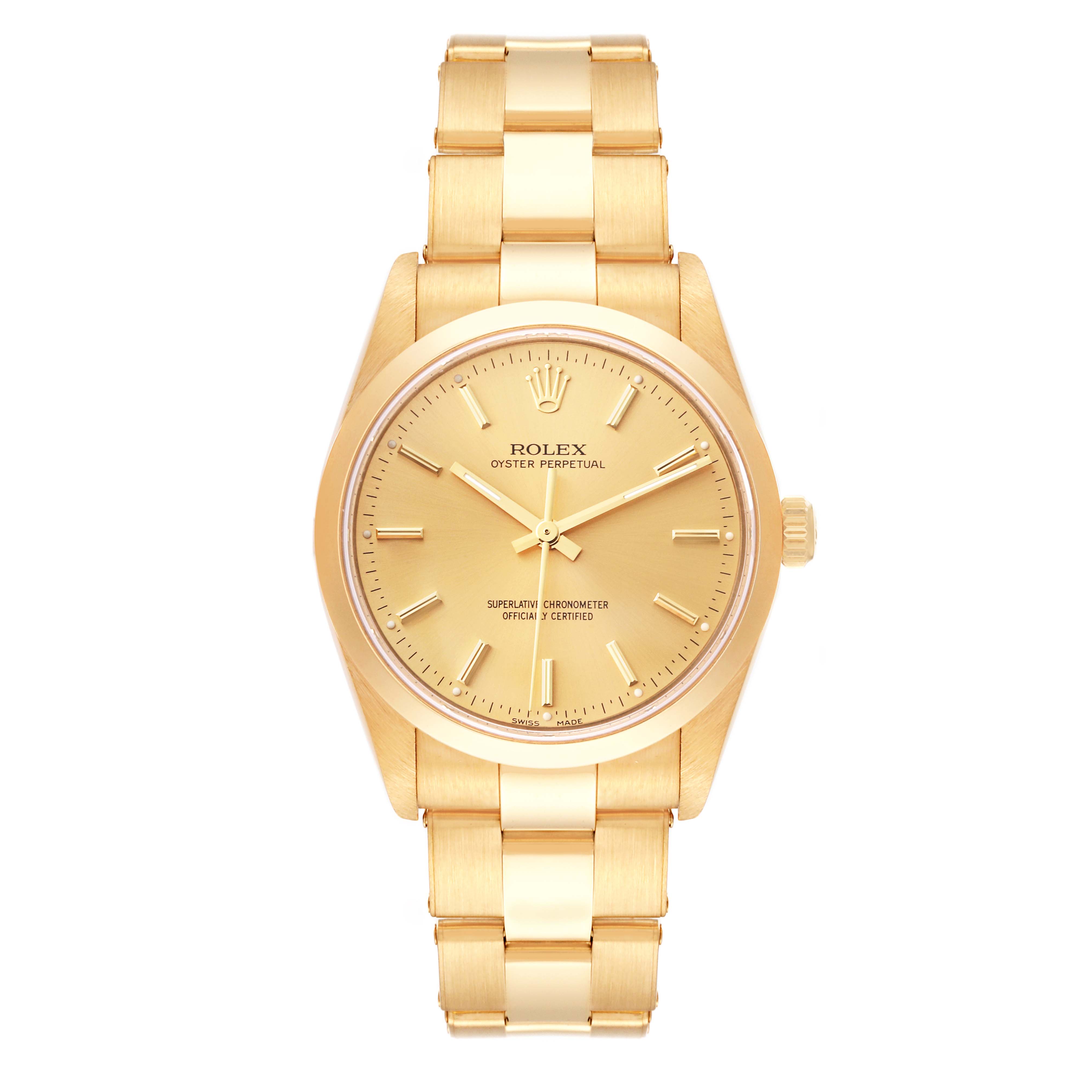The image shows a front view of a Rolex President 14208M Men
s Yellow Gold Champagne Dial 14208M Men
s Yellow Gold Champagne Dial model watch, featuring its gold dial, hands, and bracelet.