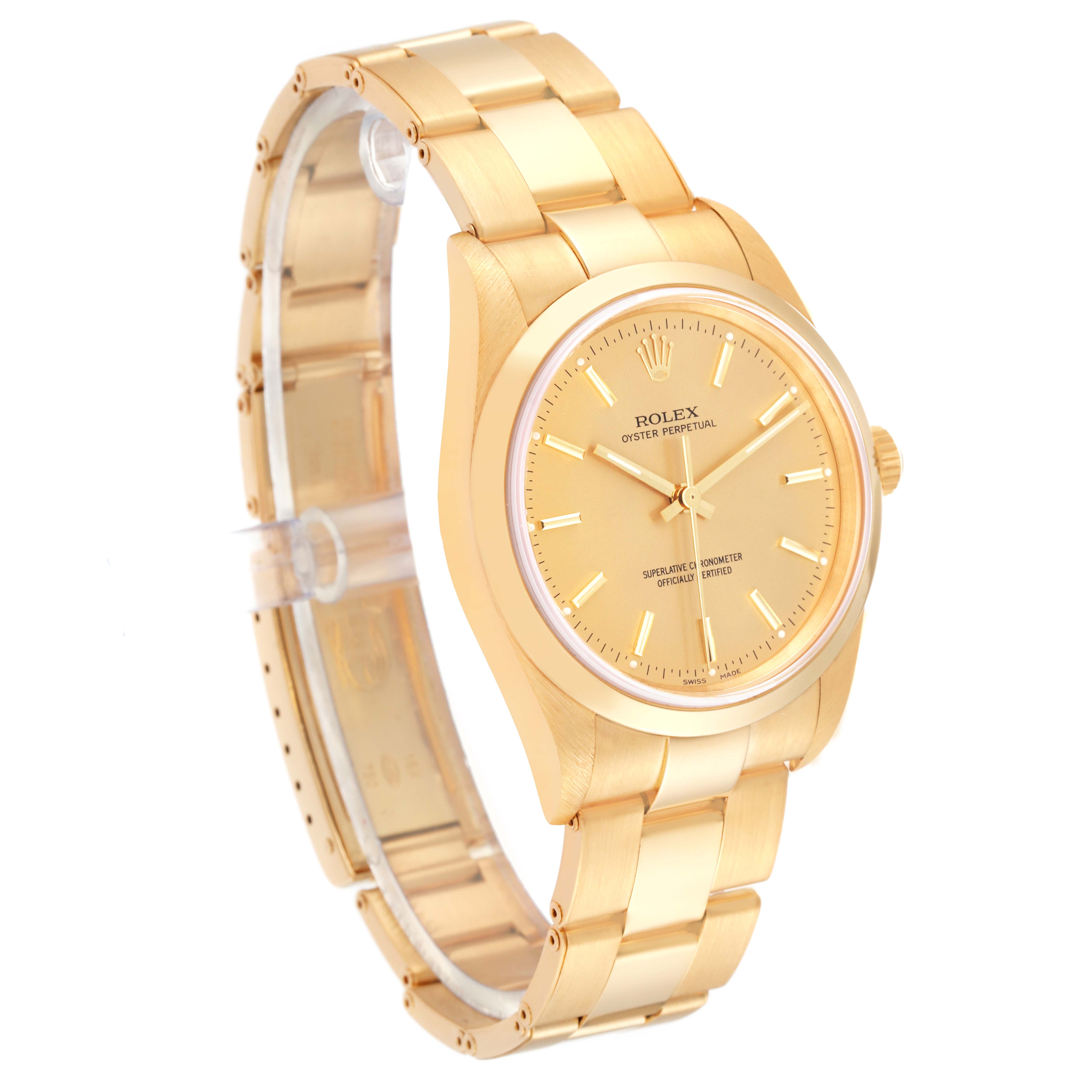 The image shows a Rolex President 14208M Men
s Yellow Gold Champagne Dial 14208M Men
s Yellow Gold Champagne Dial model watch from a front angle, highlighting the face, bezel, bracelet, and clasp.