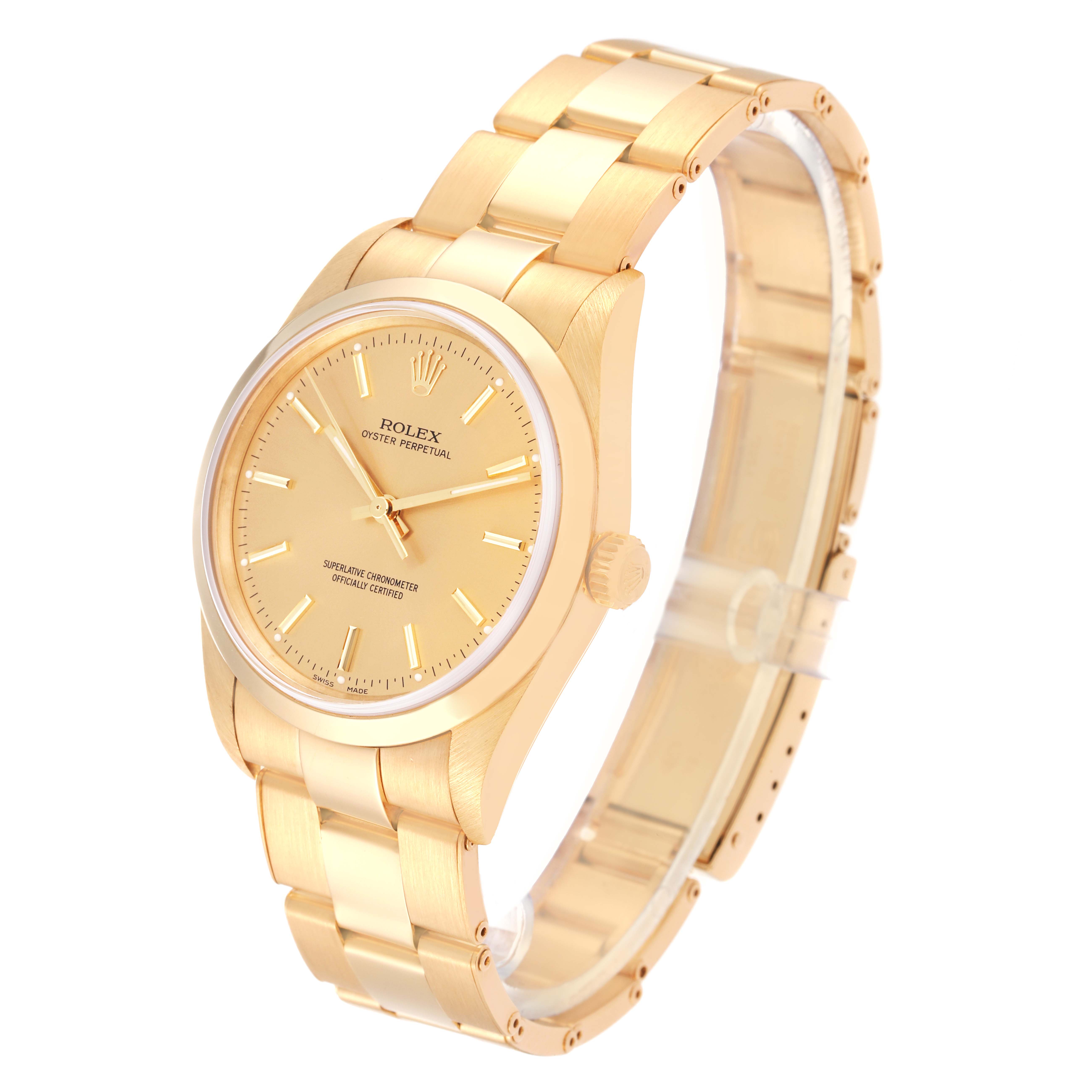 The image shows a side angle of a gold Rolex President 14208M Men
s Yellow Gold Champagne Dial 14208M Men
s Yellow Gold Champagne Dial Oyster Perpetual watch, displaying the bracelet, case, dial, and crown.