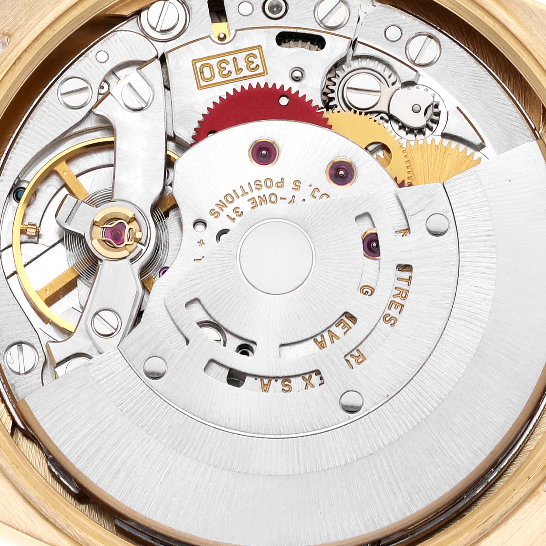 This image shows a close-up of the internal mechanism of the Rolex President 14208M Men
s Yellow Gold Champagne Dial 14208M Men
s Yellow Gold Champagne Dial model watch.