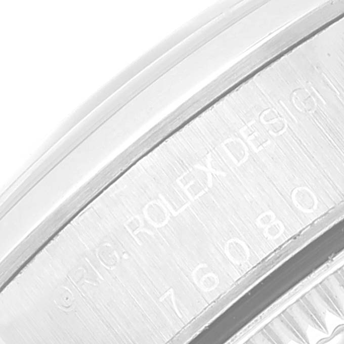 This close-up image shows the side case with engraving details of the Oyster Perpetual model by Rolex.