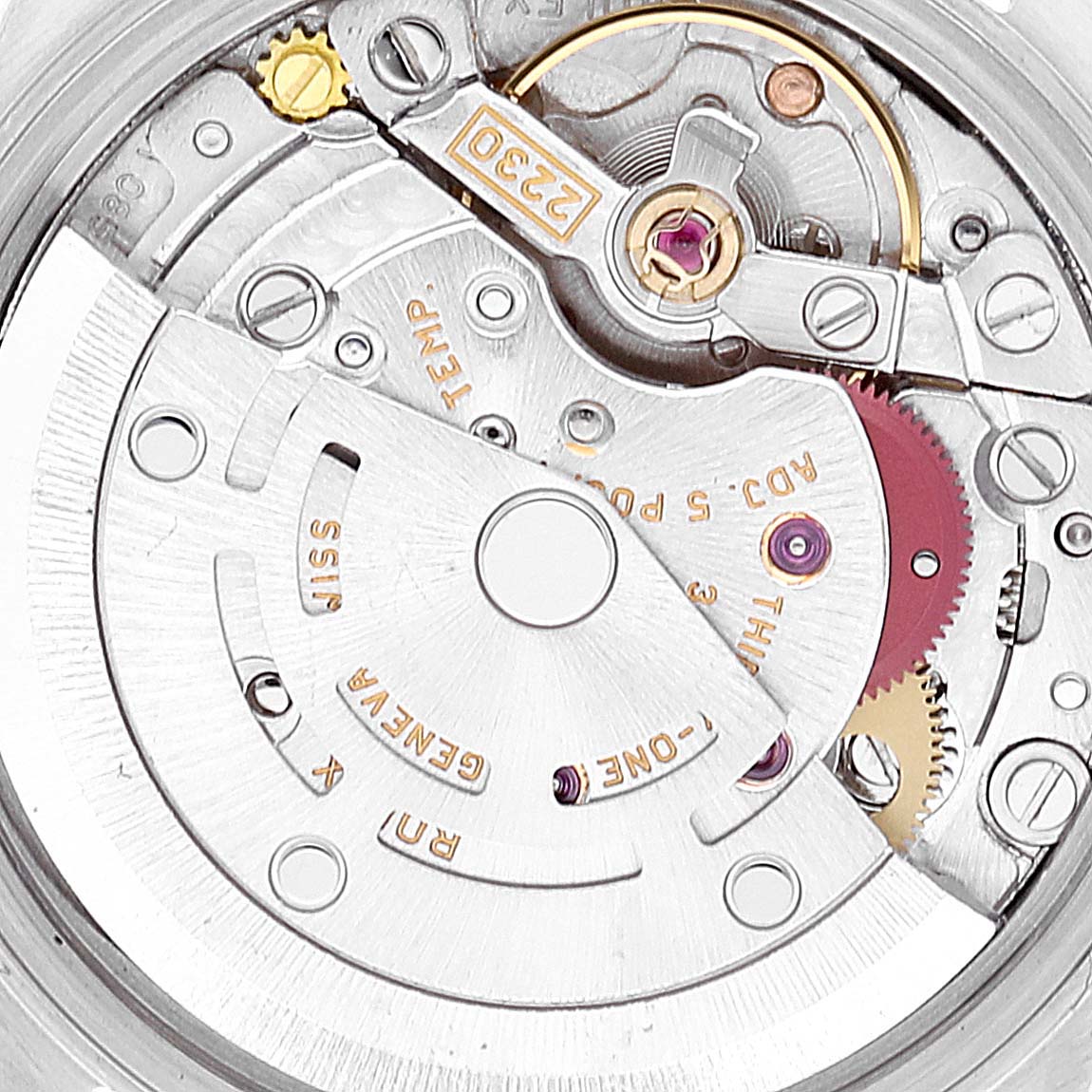 This image shows the internal mechanical movement of the Rolex Oyster Perpetual 76080 Women
s Stainless Steel Pink Dial 76080 Women
s Stainless Steel Pink Dial from a top-down angle.